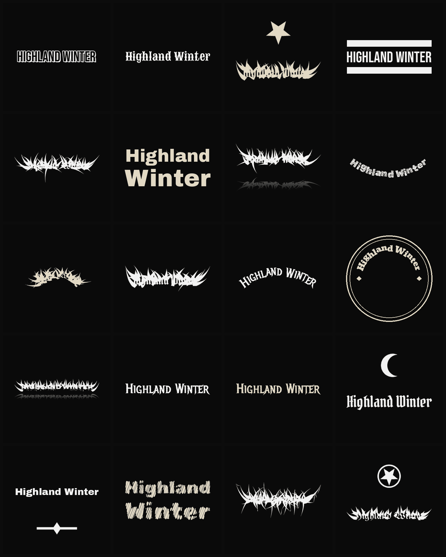 Twenty Highland Winter band logo ideas — different faces, treatments and spike settings