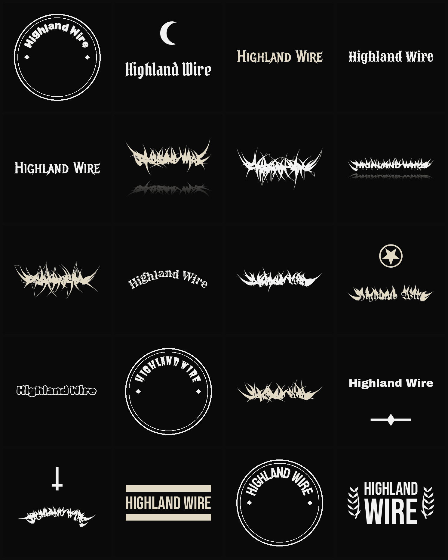 Twenty Highland Wire band logo ideas — different faces, treatments and spike settings
