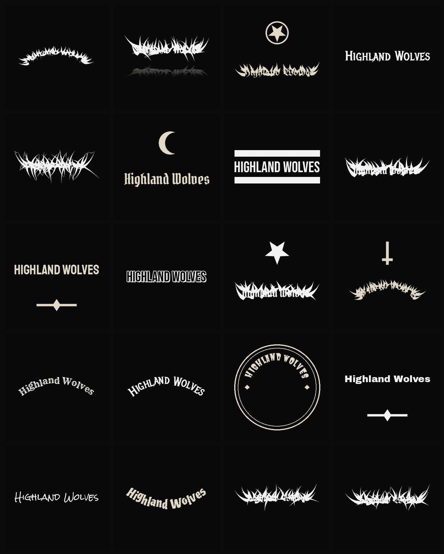 Twenty Highland Wolves band logo ideas — different faces, treatments and spike settings