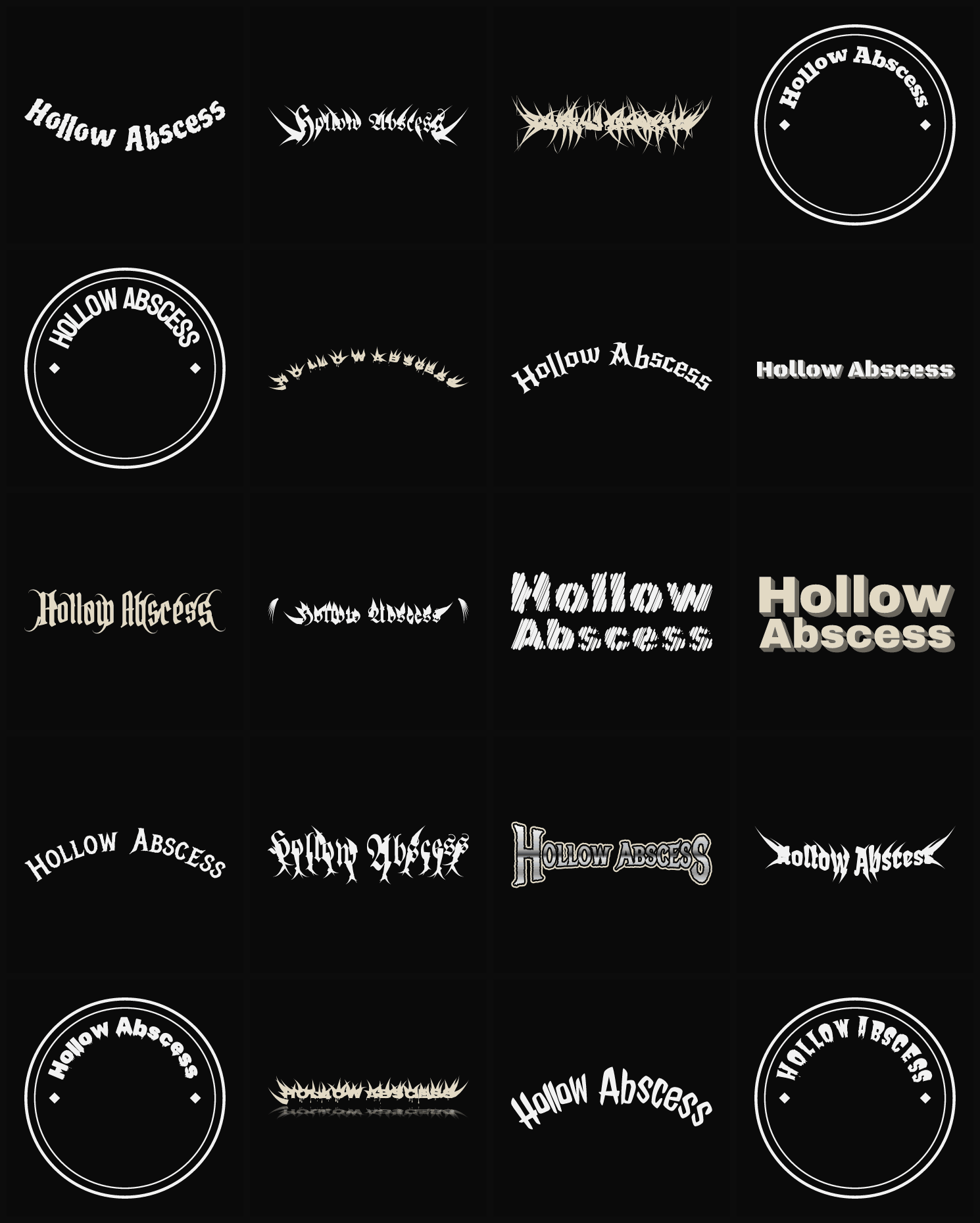 Twenty Hollow Abscess band logo ideas — different faces, treatments and spike settings