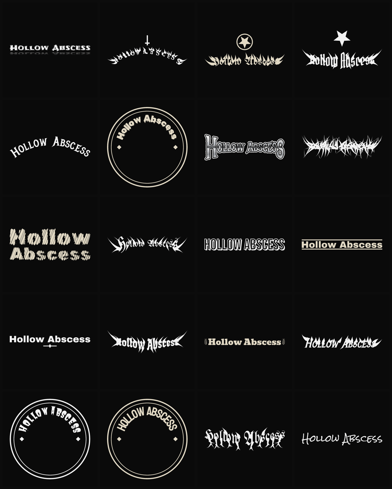 Twenty Hollow Abscess band logo ideas — different faces, treatments and spike settings