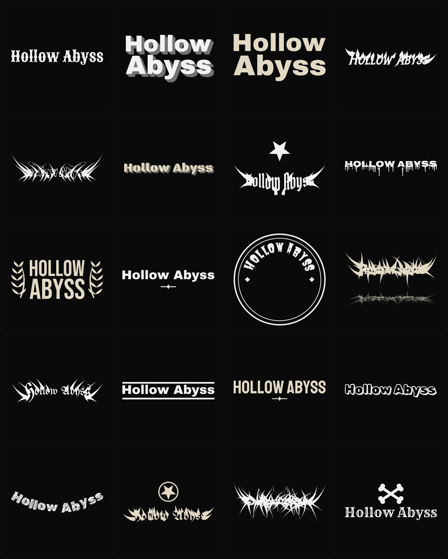 Twenty Hollow Abyss band logo ideas — different faces, treatments and spike settings