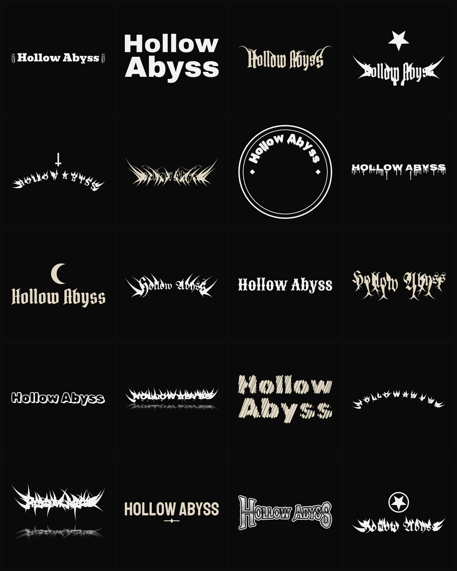 Twenty Hollow Abyss band logo ideas — different faces, treatments and spike settings