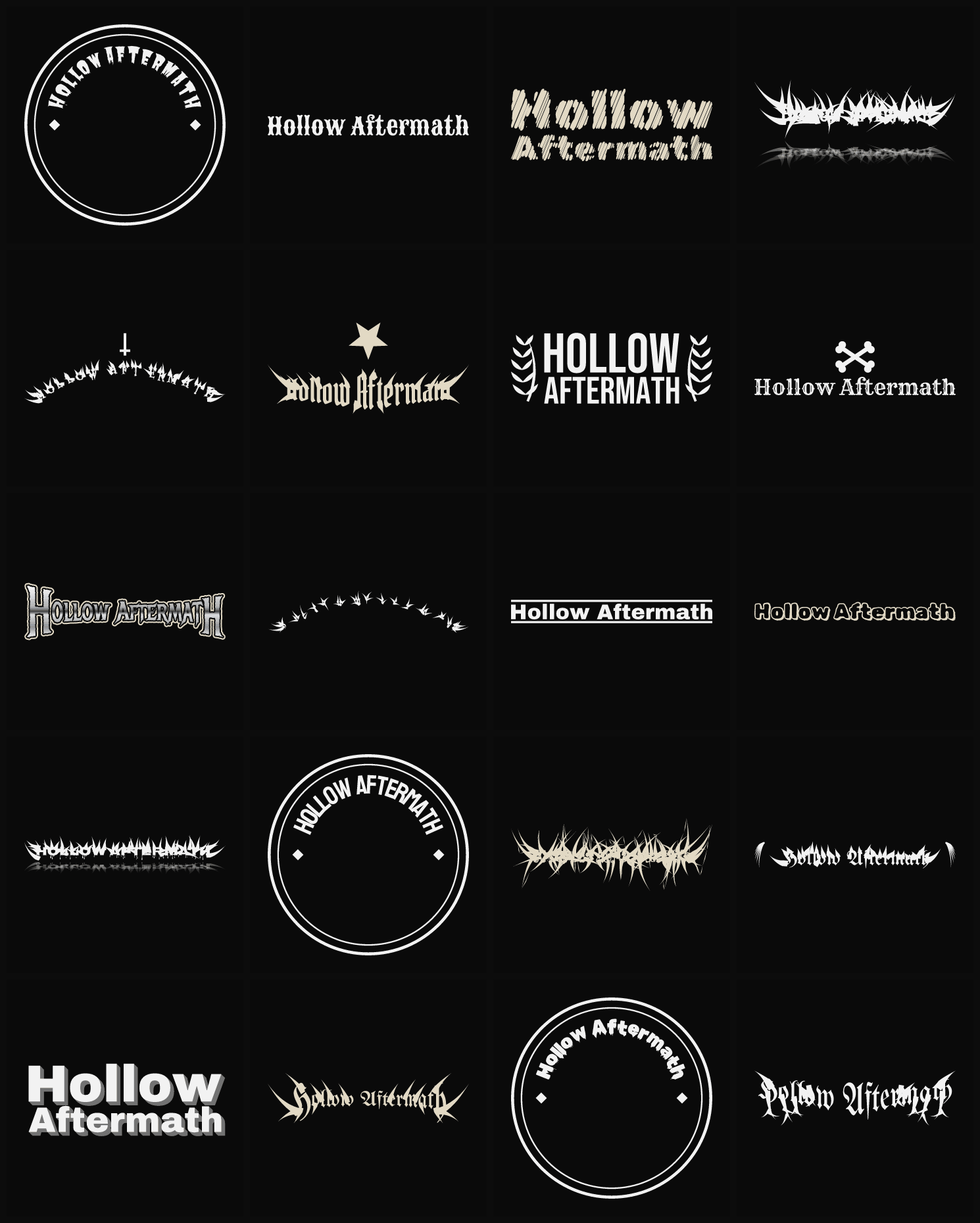 Twenty Hollow Aftermath band logo ideas — different faces, treatments and spike settings