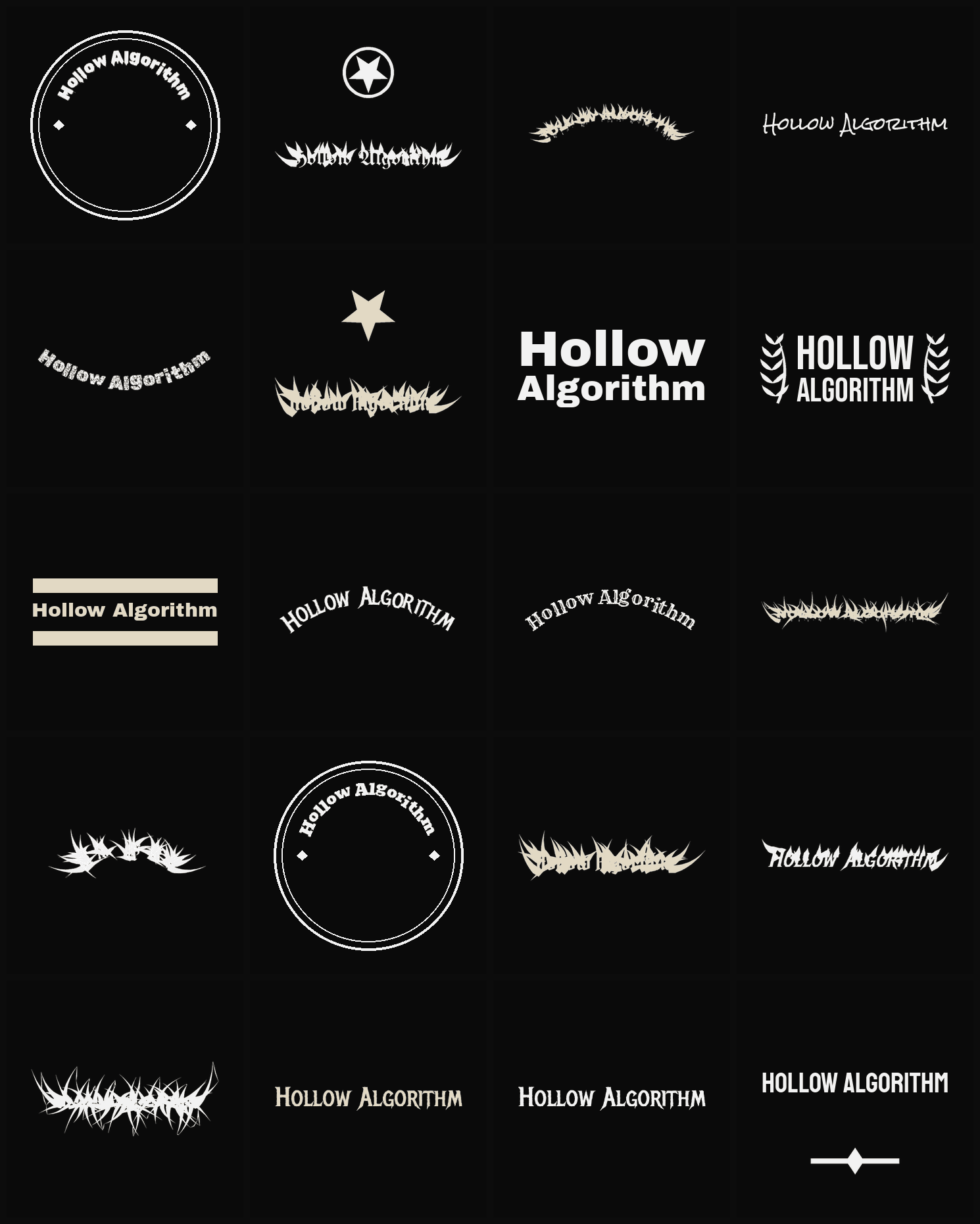 Twenty Hollow Algorithm band logo ideas — different faces, treatments and spike settings