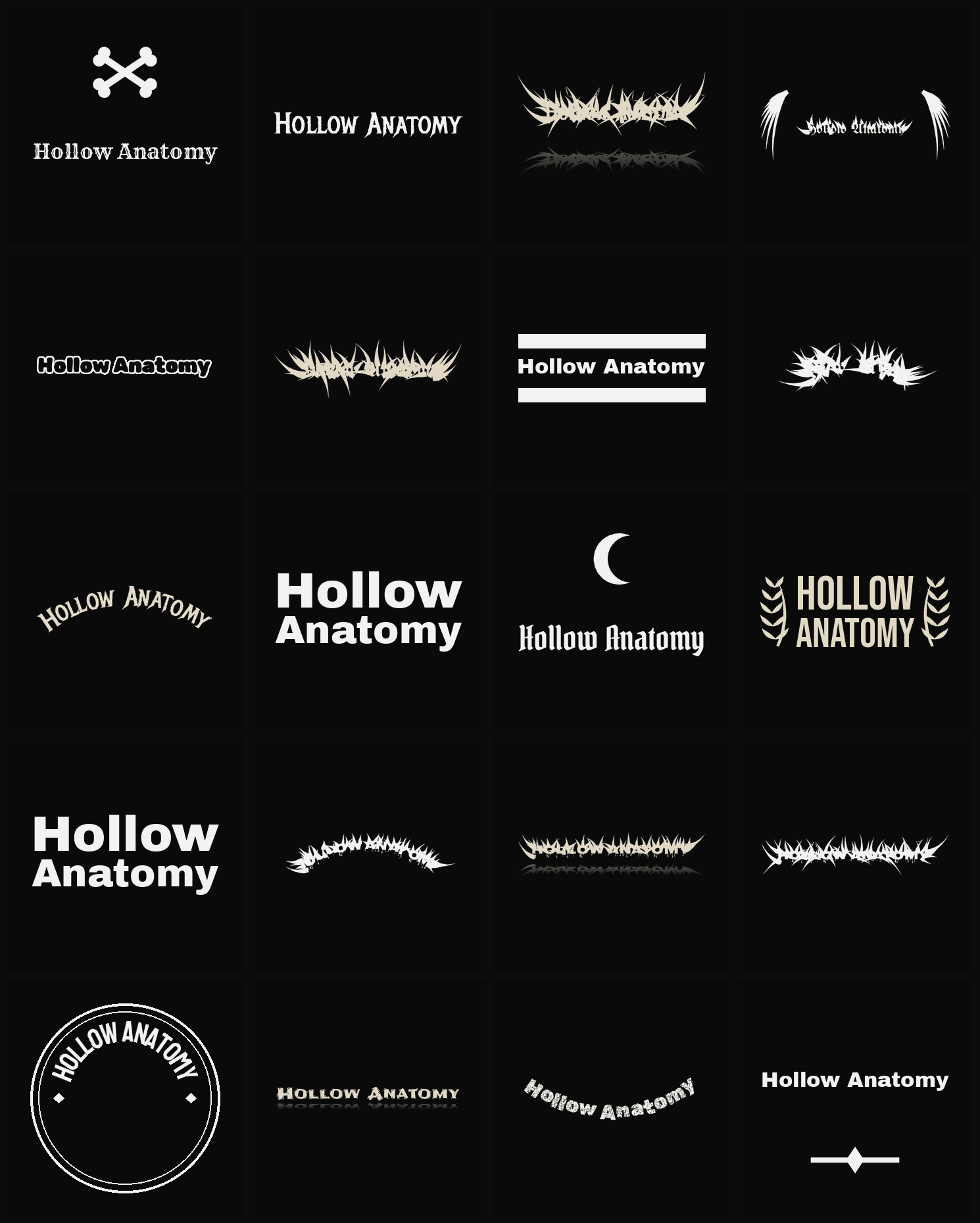 Twenty Hollow Anatomy band logo ideas — different faces, treatments and spike settings