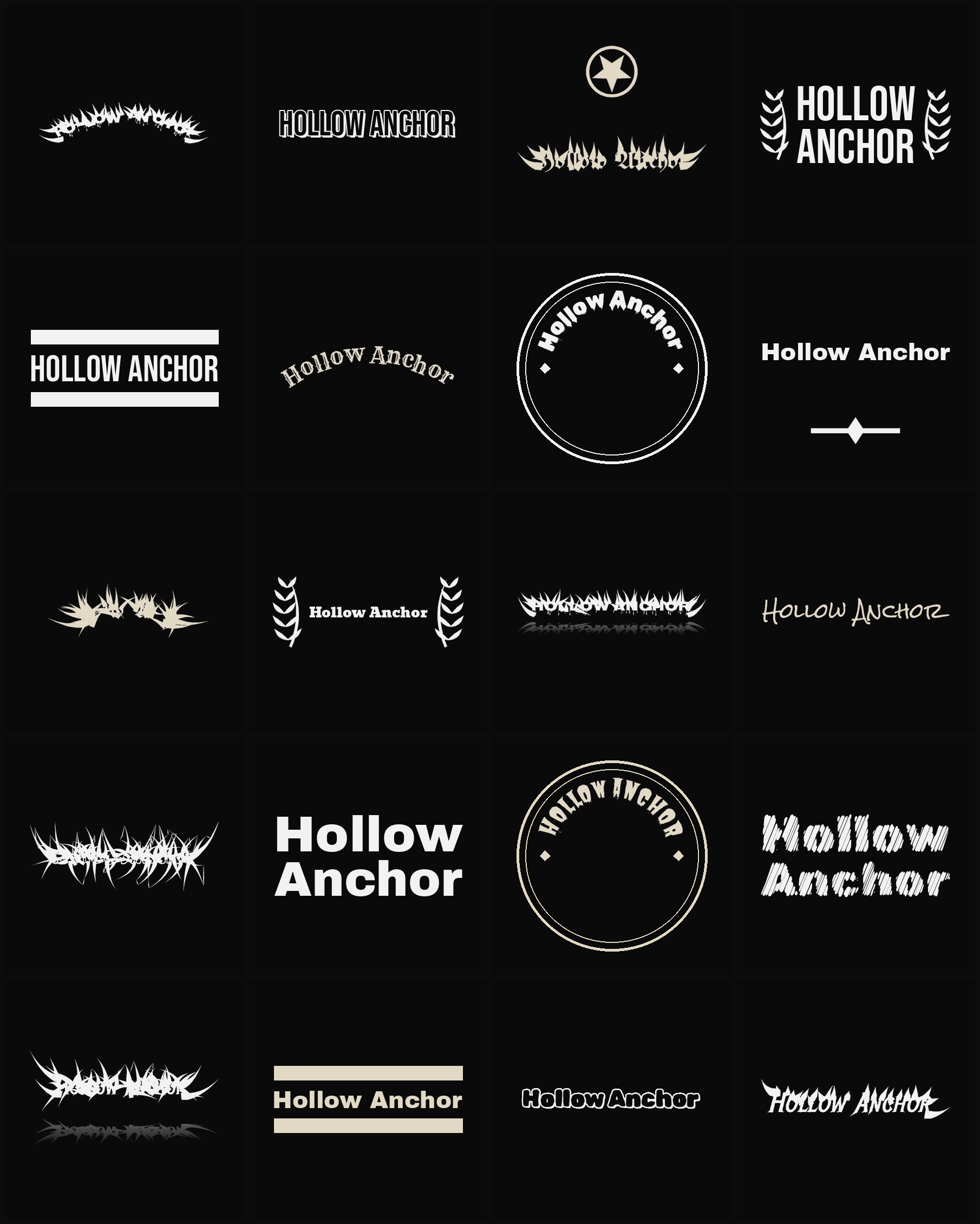 Twenty Hollow Anchor band logo ideas — different faces, treatments and spike settings
