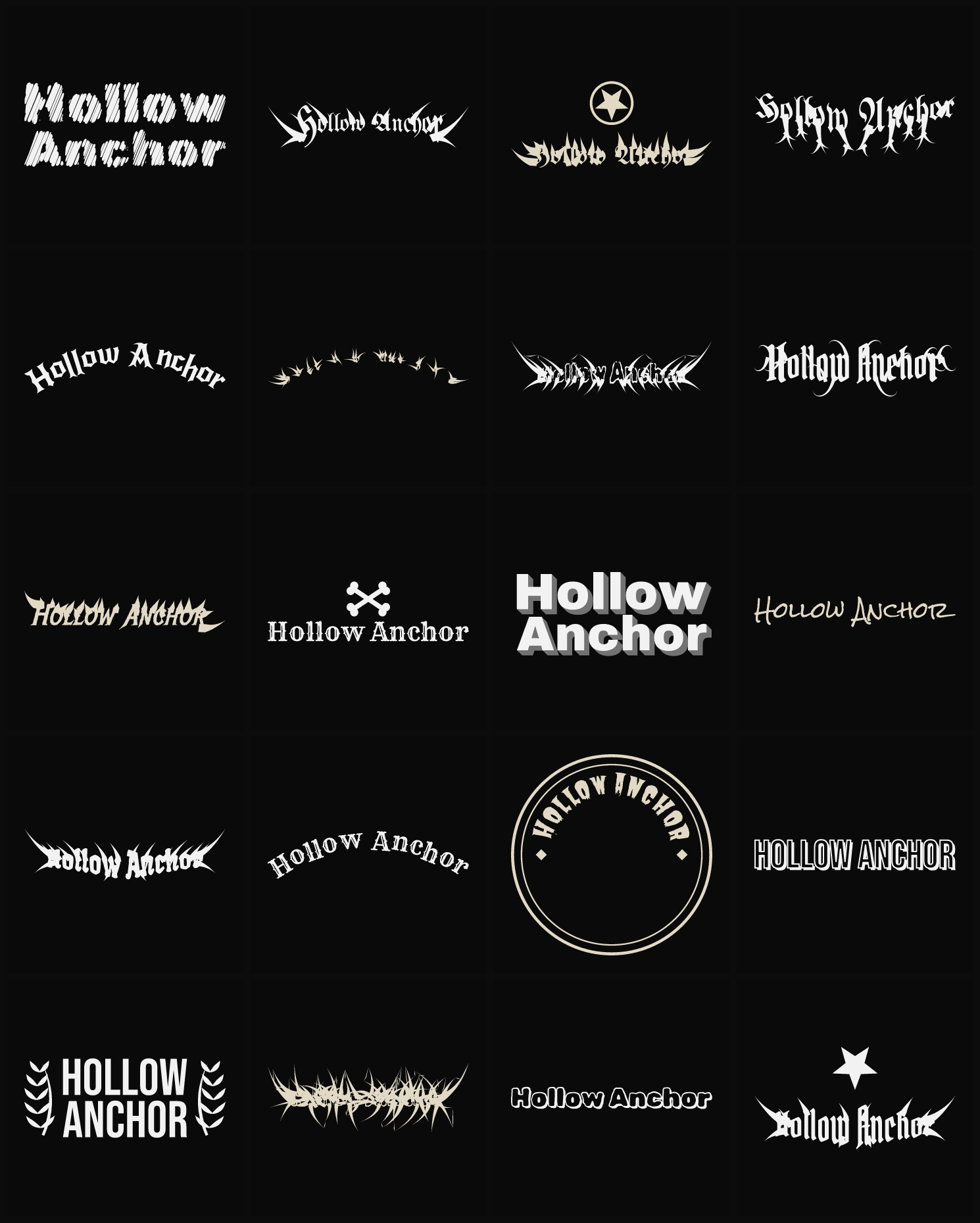 Twenty Hollow Anchor band logo ideas — different faces, treatments and spike settings