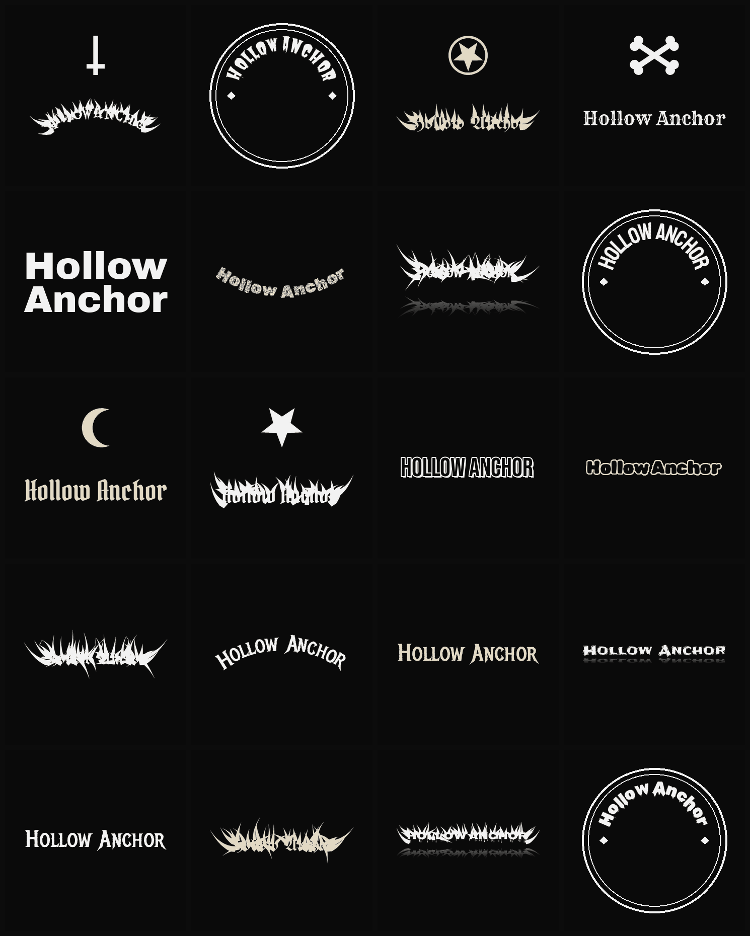 Twenty Hollow Anchor band logo ideas — different faces, treatments and spike settings