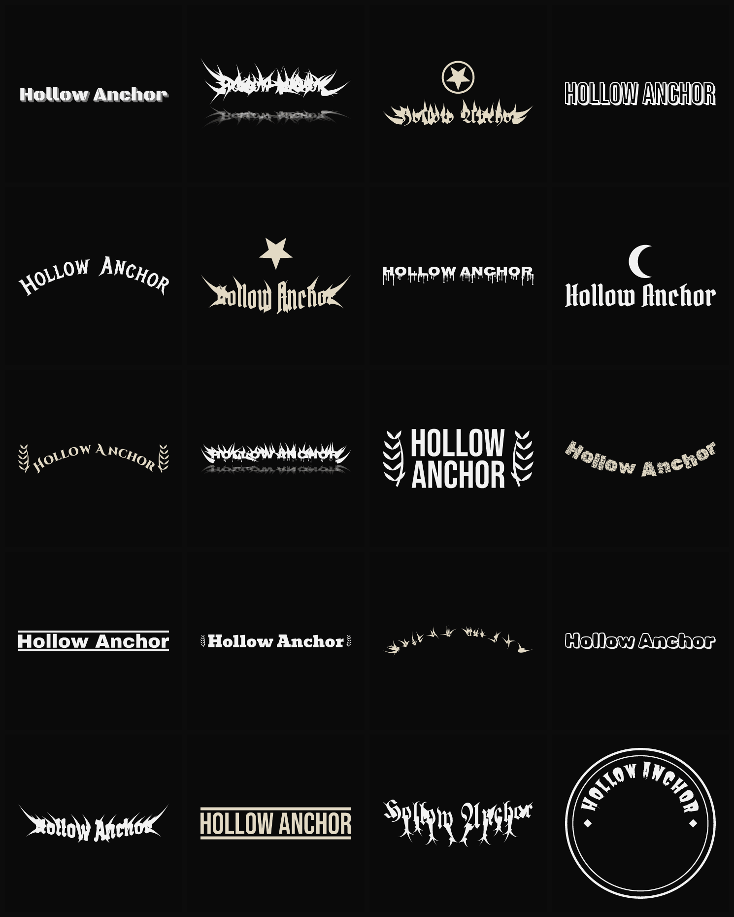 Twenty Hollow Anchor band logo ideas — different faces, treatments and spike settings
