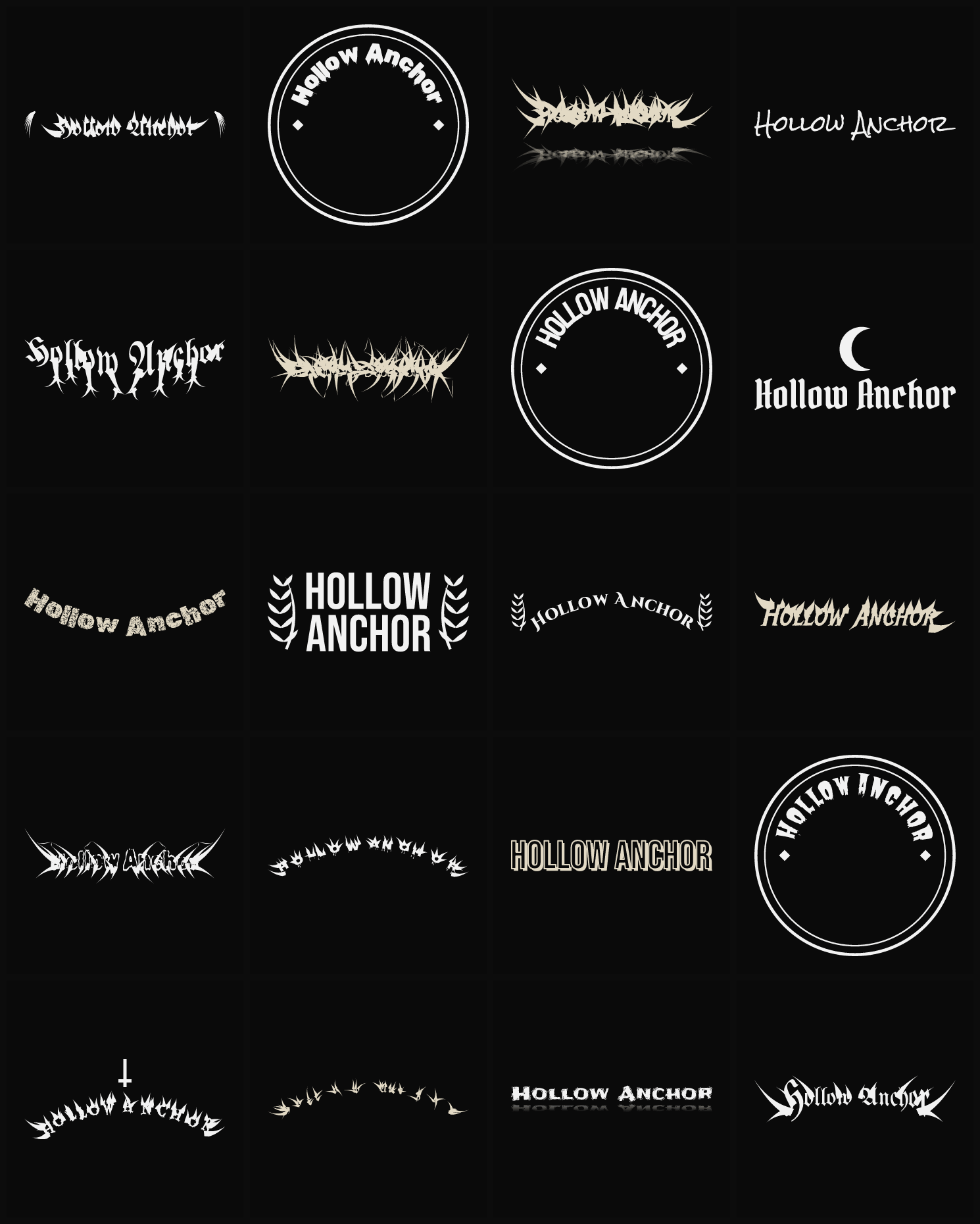 Twenty Hollow Anchor band logo ideas — different faces, treatments and spike settings