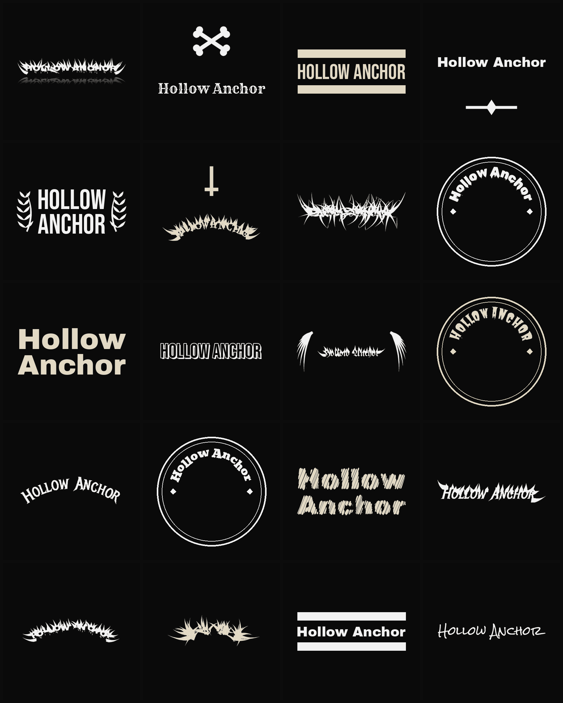 Twenty Hollow Anchor band logo ideas — different faces, treatments and spike settings