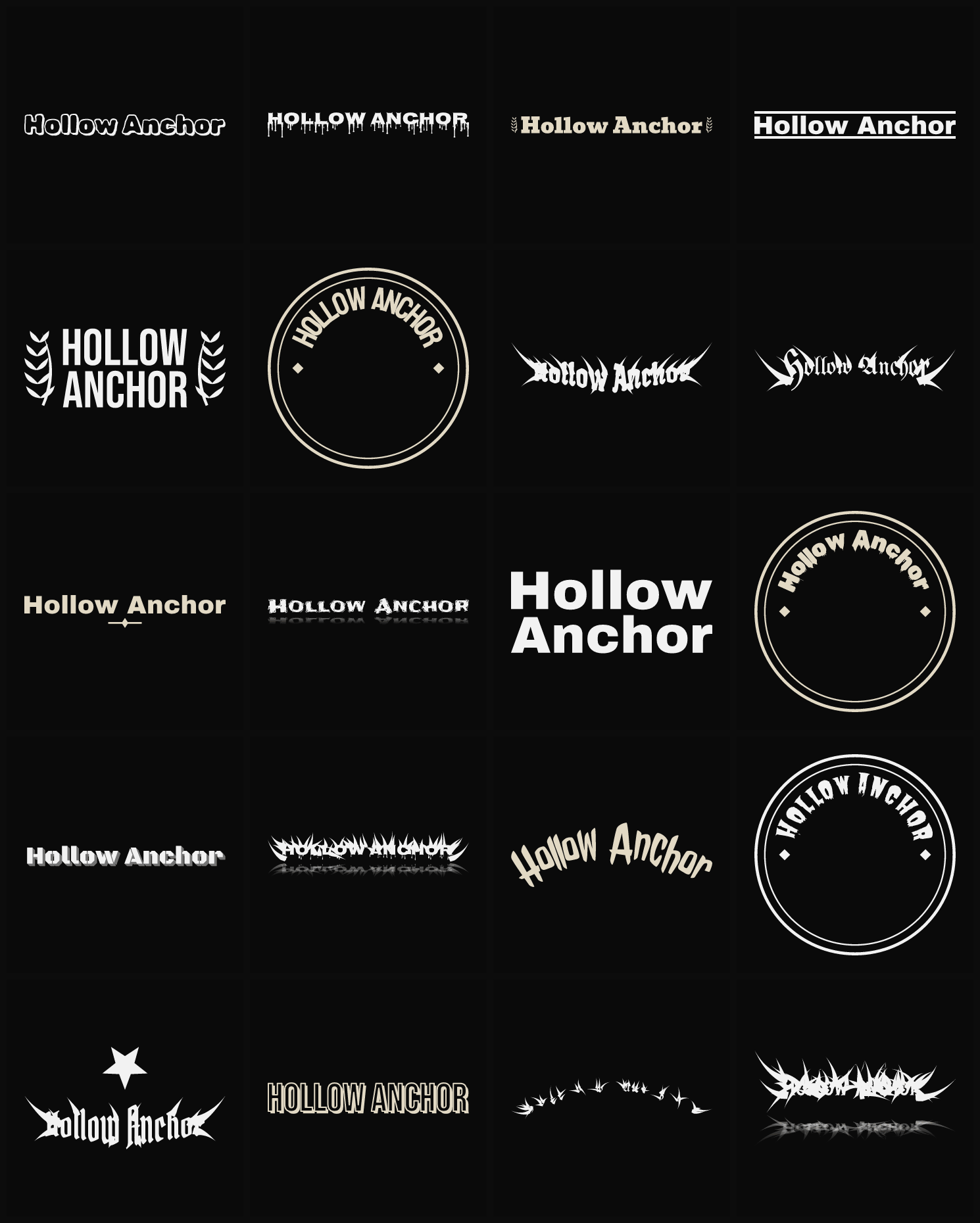 Twenty Hollow Anchor band logo ideas — different faces, treatments and spike settings