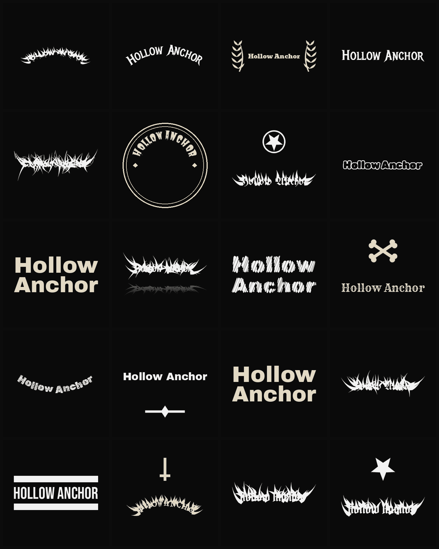 Twenty Hollow Anchor band logo ideas — different faces, treatments and spike settings