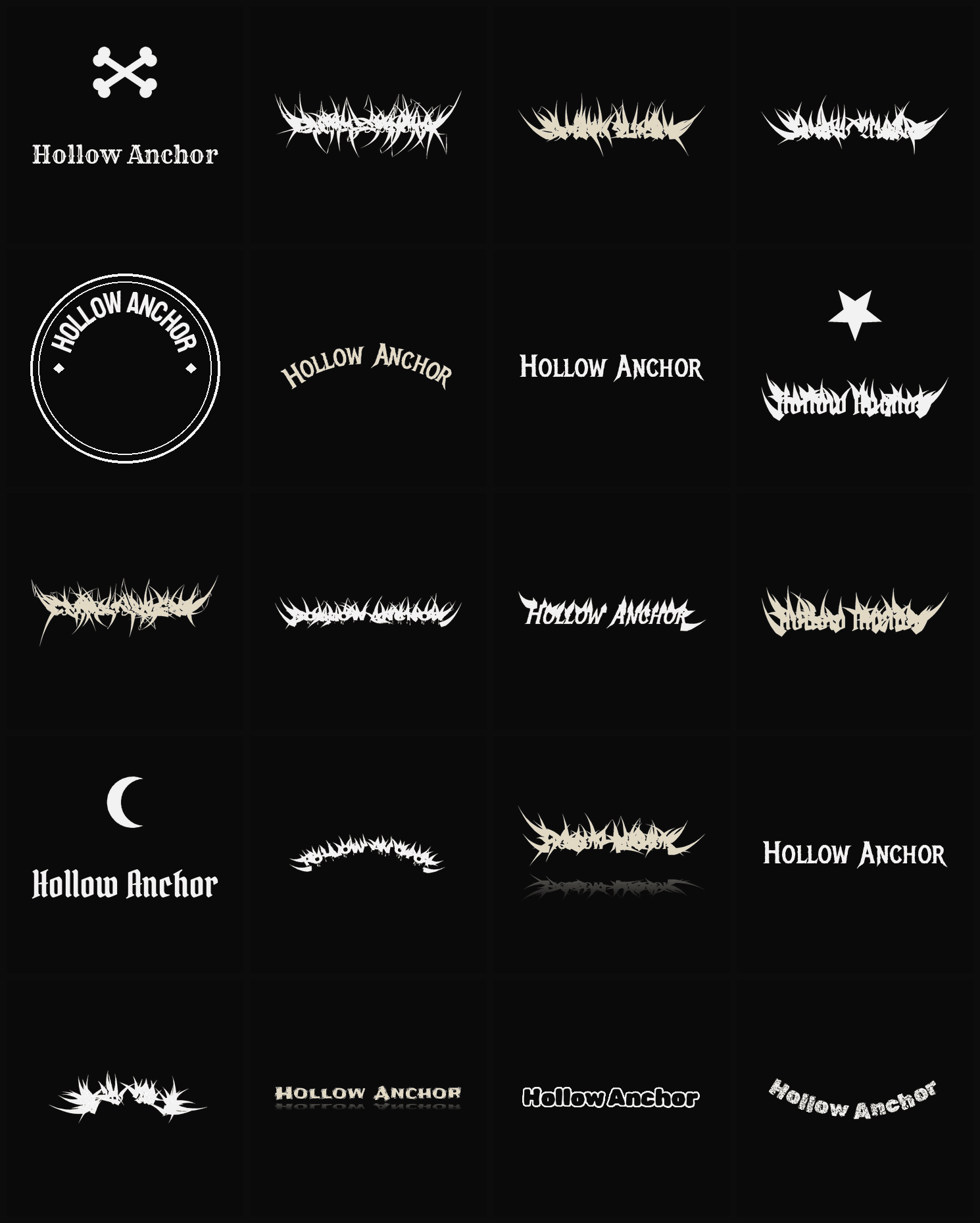 Twenty Hollow Anchor band logo ideas — different faces, treatments and spike settings