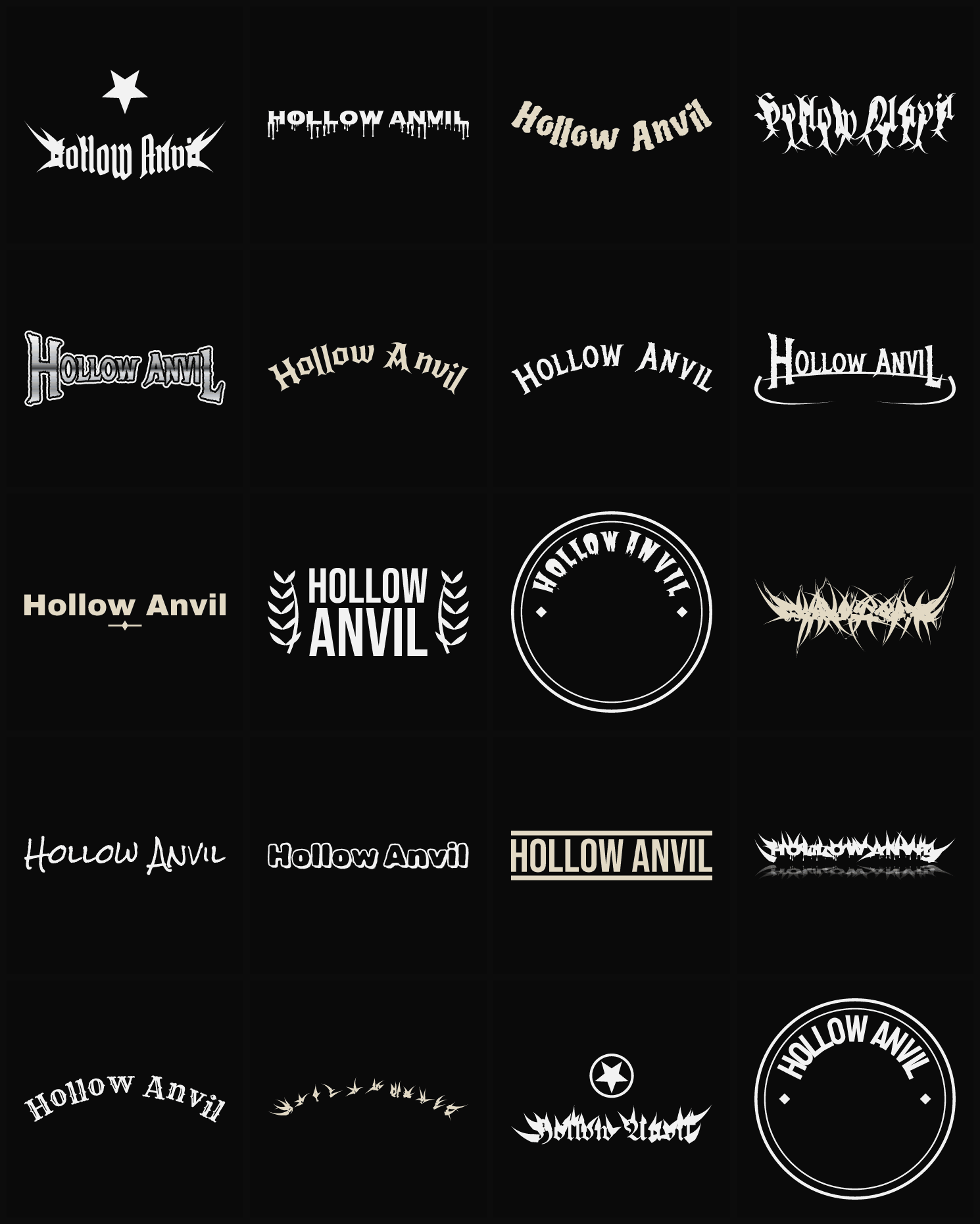 Twenty Hollow Anvil band logo ideas — different faces, treatments and spike settings