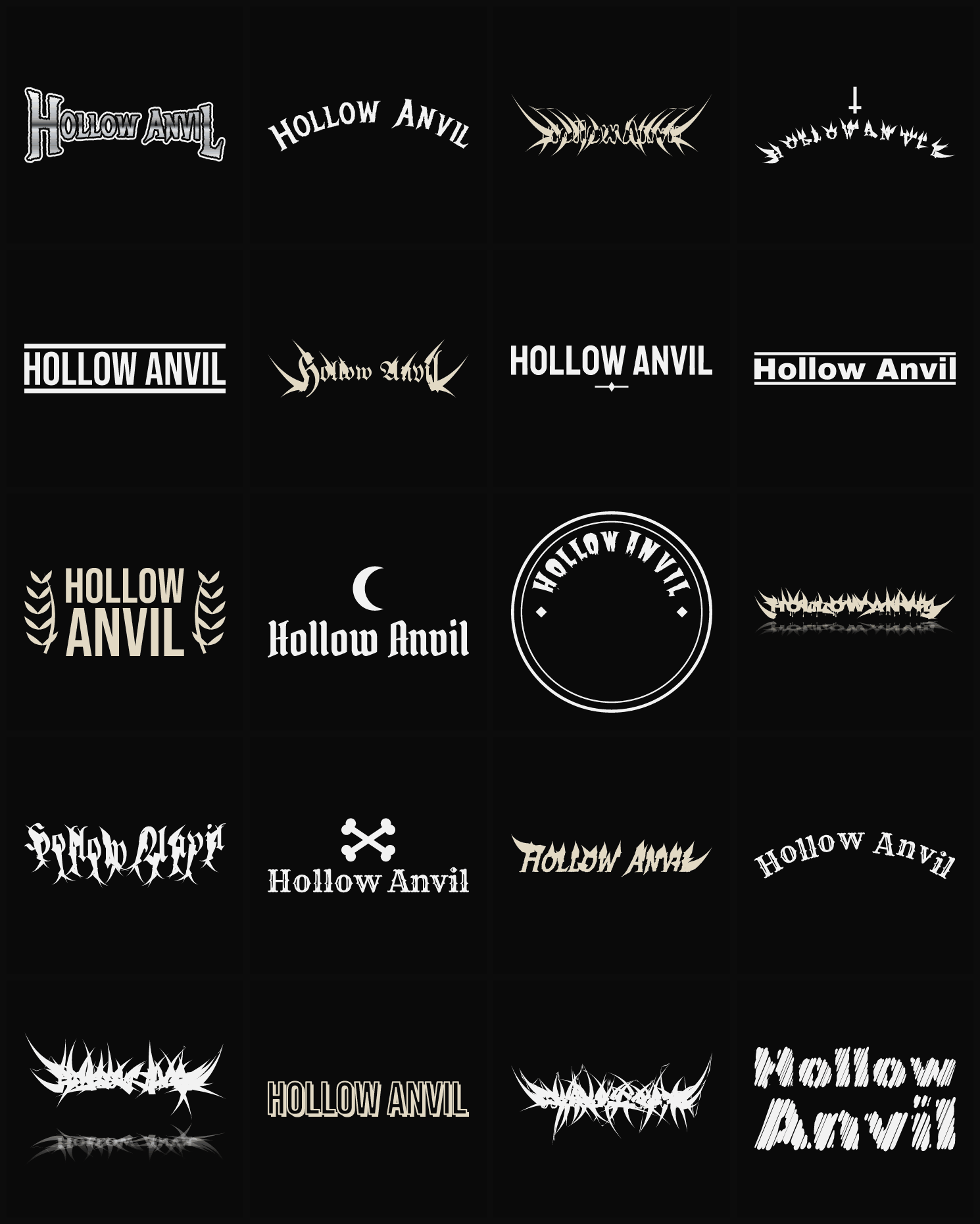 Twenty Hollow Anvil band logo ideas — different faces, treatments and spike settings