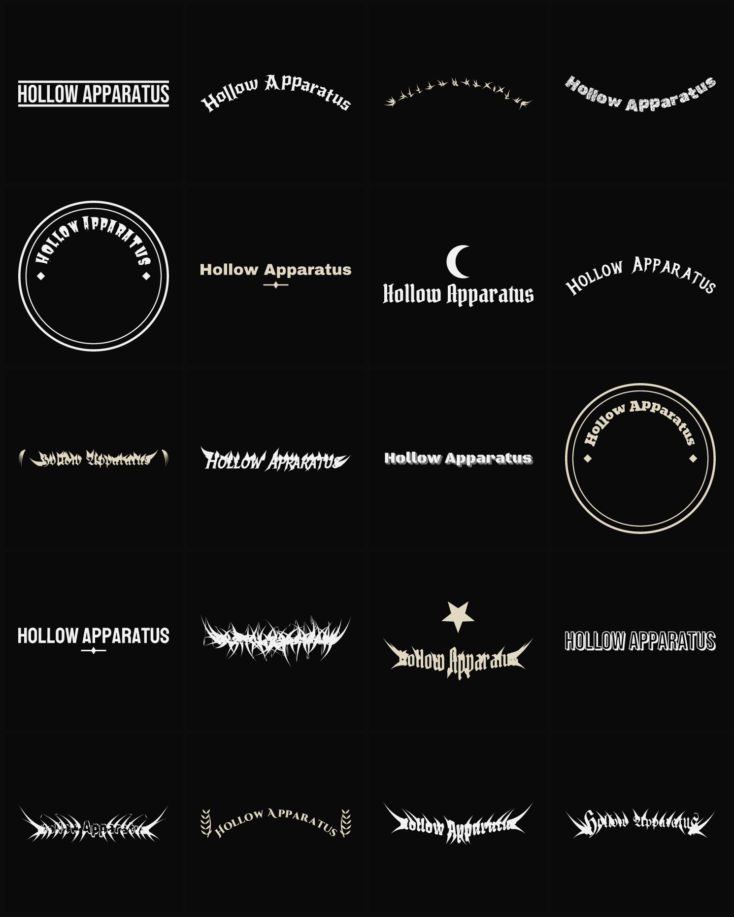 Twenty Hollow Apparatus band logo ideas — different faces, treatments and spike settings