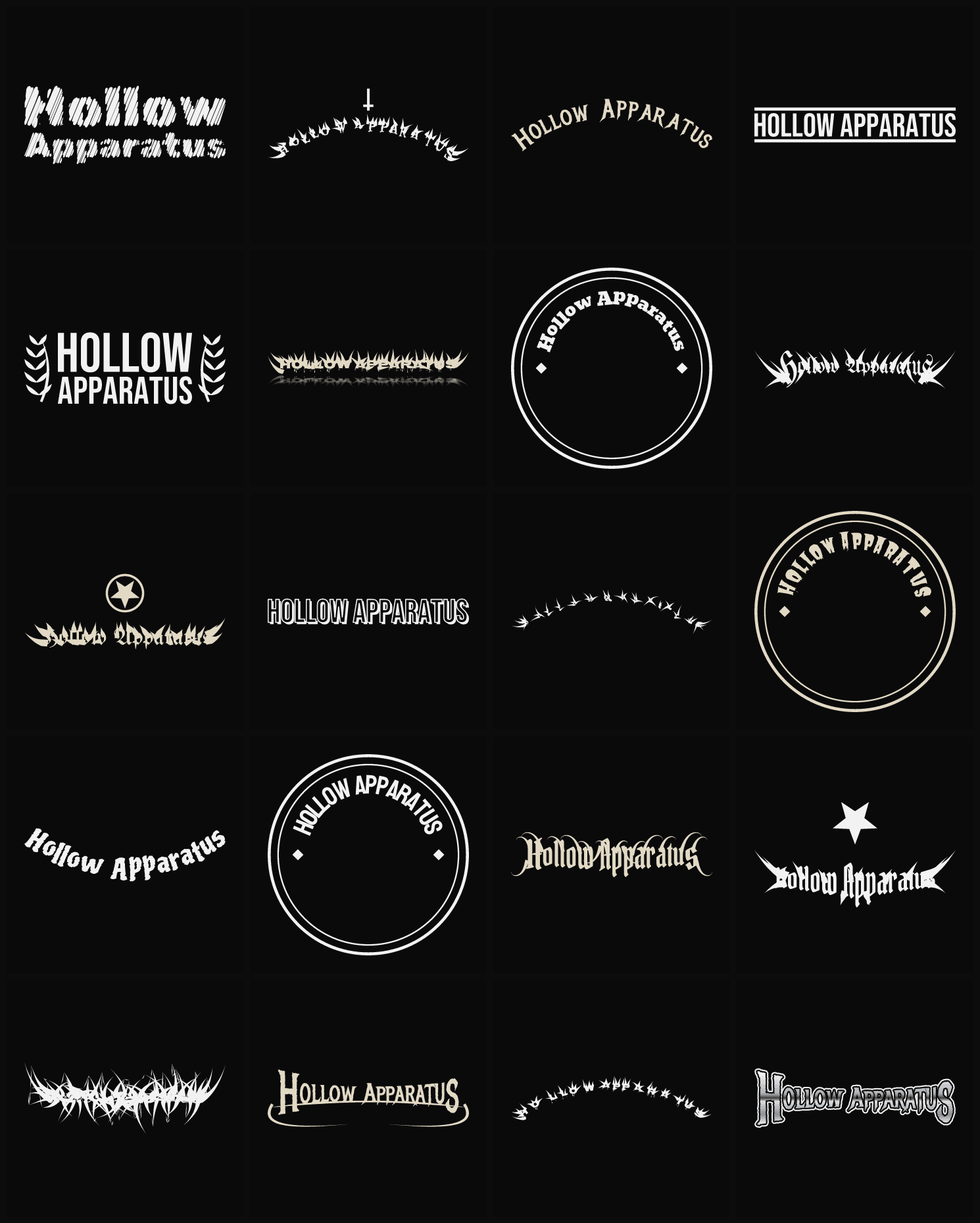 Twenty Hollow Apparatus band logo ideas — different faces, treatments and spike settings