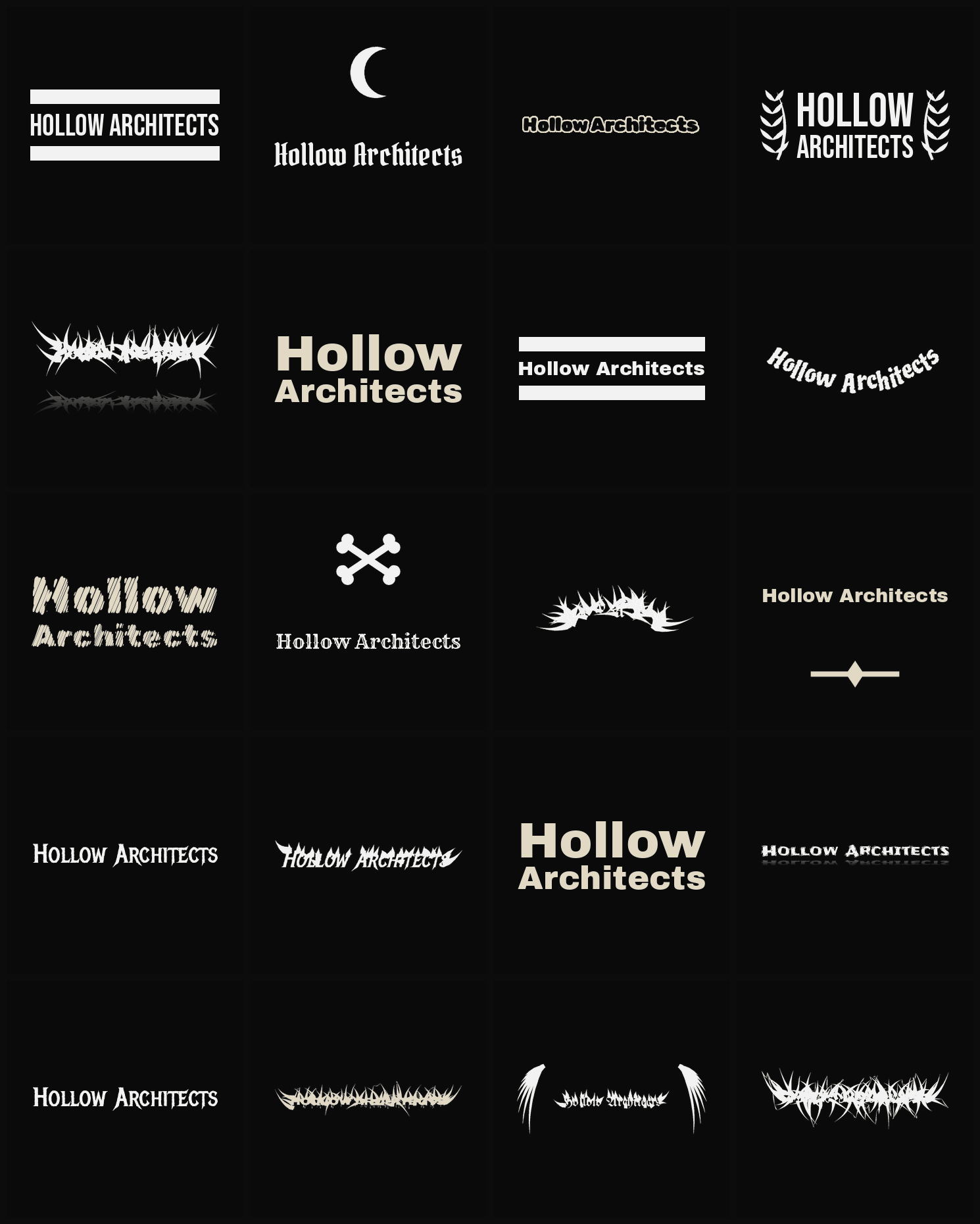 Twenty Hollow Architects band logo ideas — different faces, treatments and spike settings