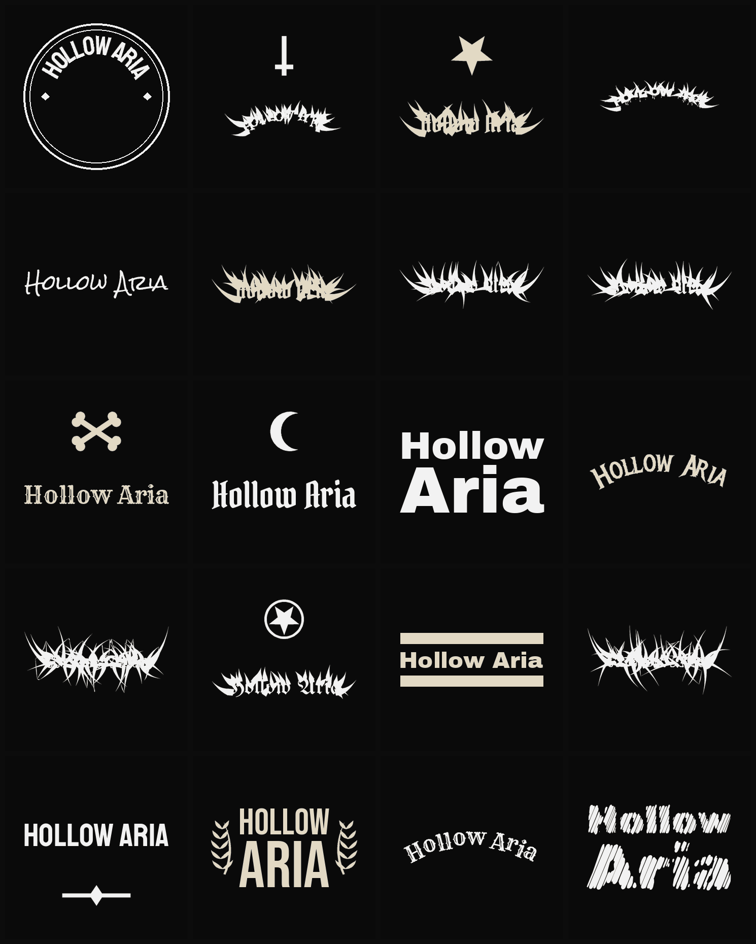 Twenty Hollow Aria band logo ideas — different faces, treatments and spike settings
