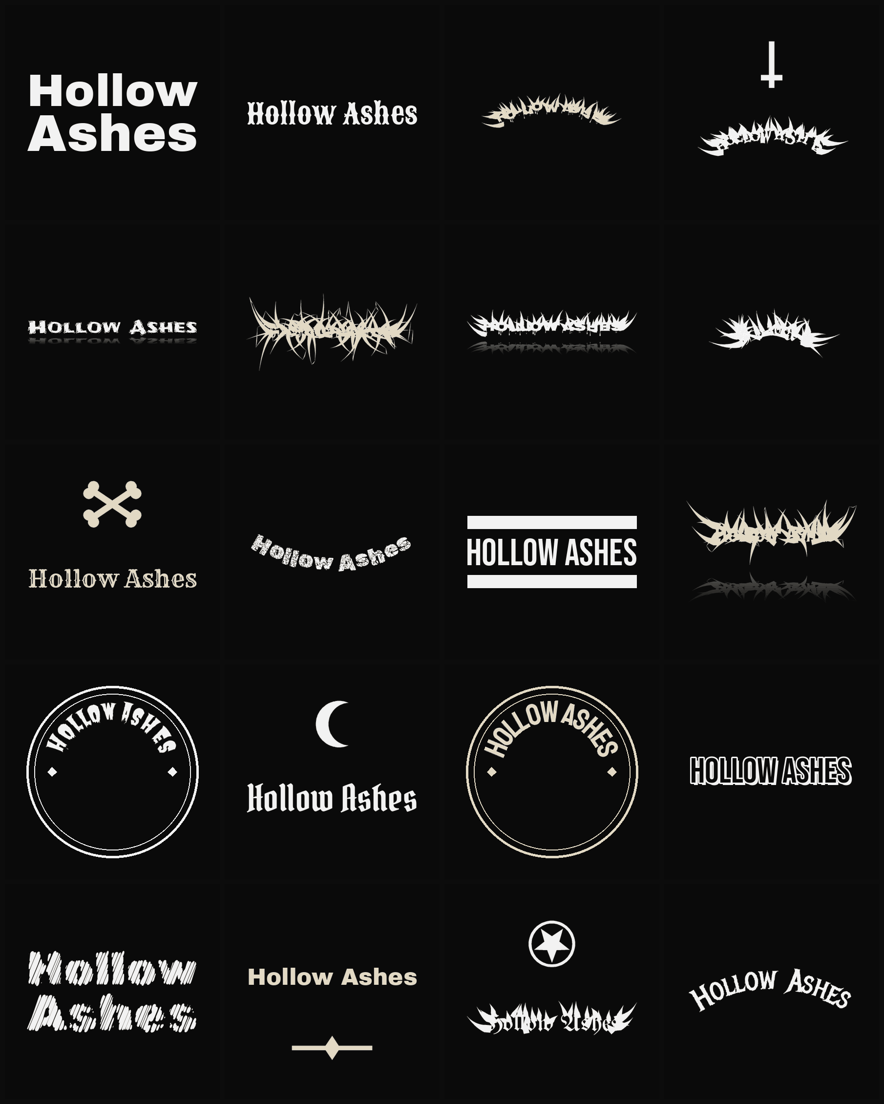 Twenty Hollow Ashes band logo ideas — different faces, treatments and spike settings
