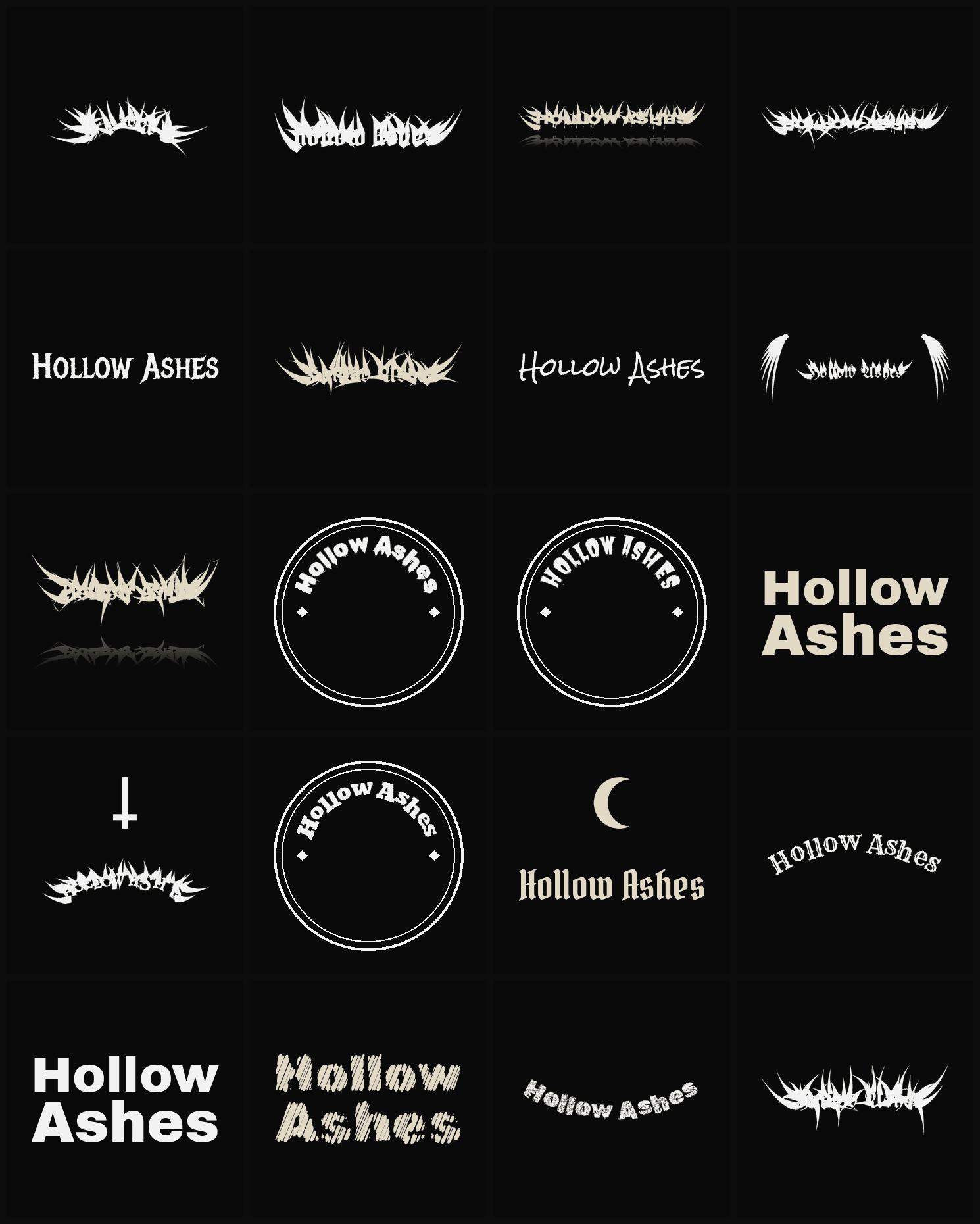 Twenty Hollow Ashes band logo ideas — different faces, treatments and spike settings
