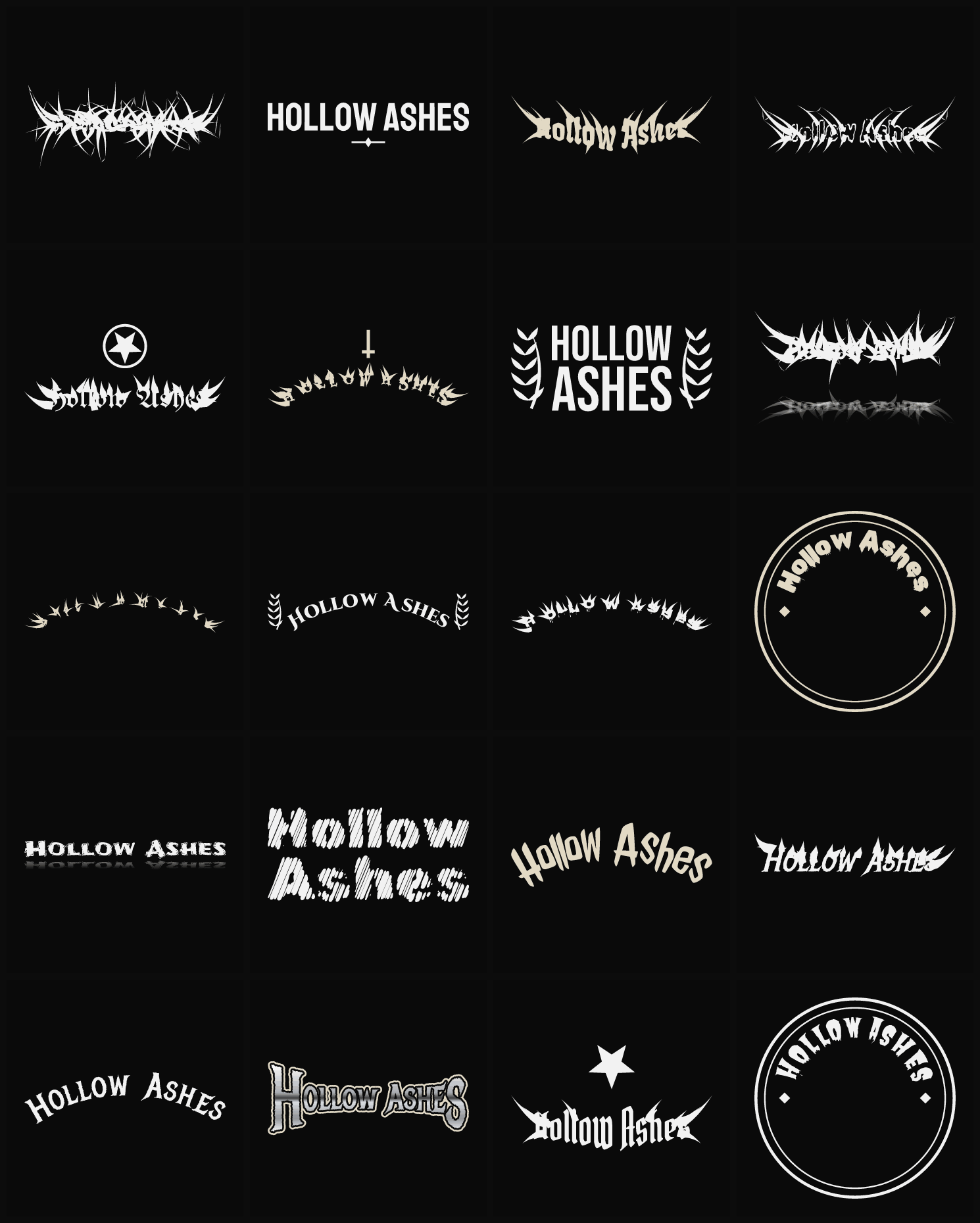 Twenty Hollow Ashes band logo ideas — different faces, treatments and spike settings