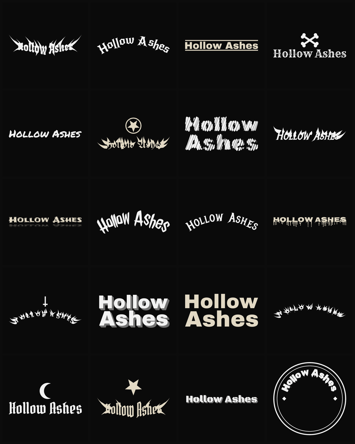 Twenty Hollow Ashes band logo ideas — different faces, treatments and spike settings