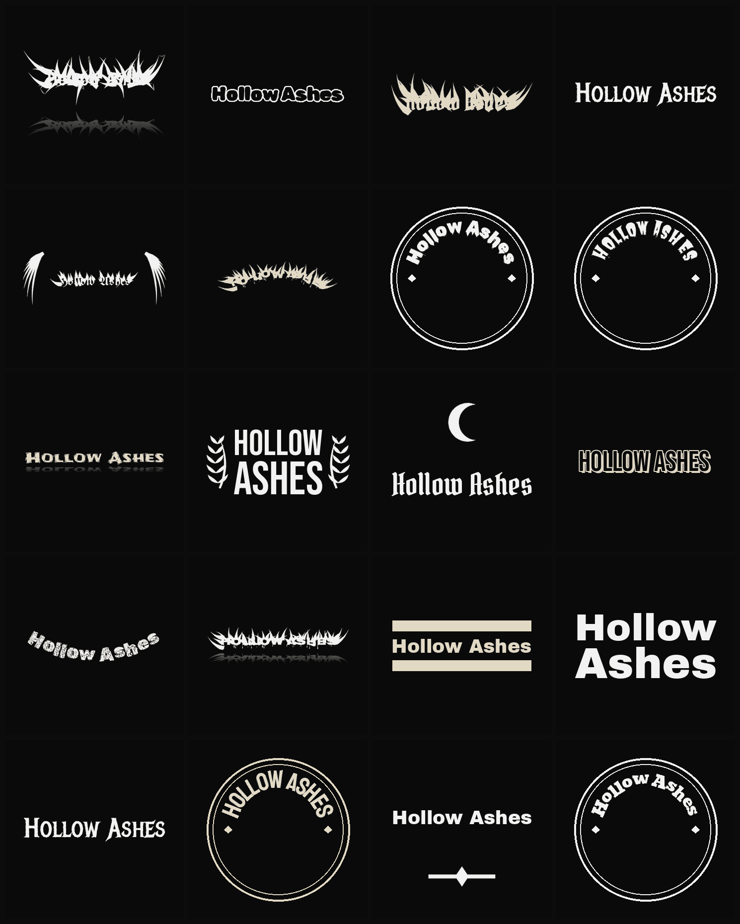 Twenty Hollow Ashes band logo ideas — different faces, treatments and spike settings
