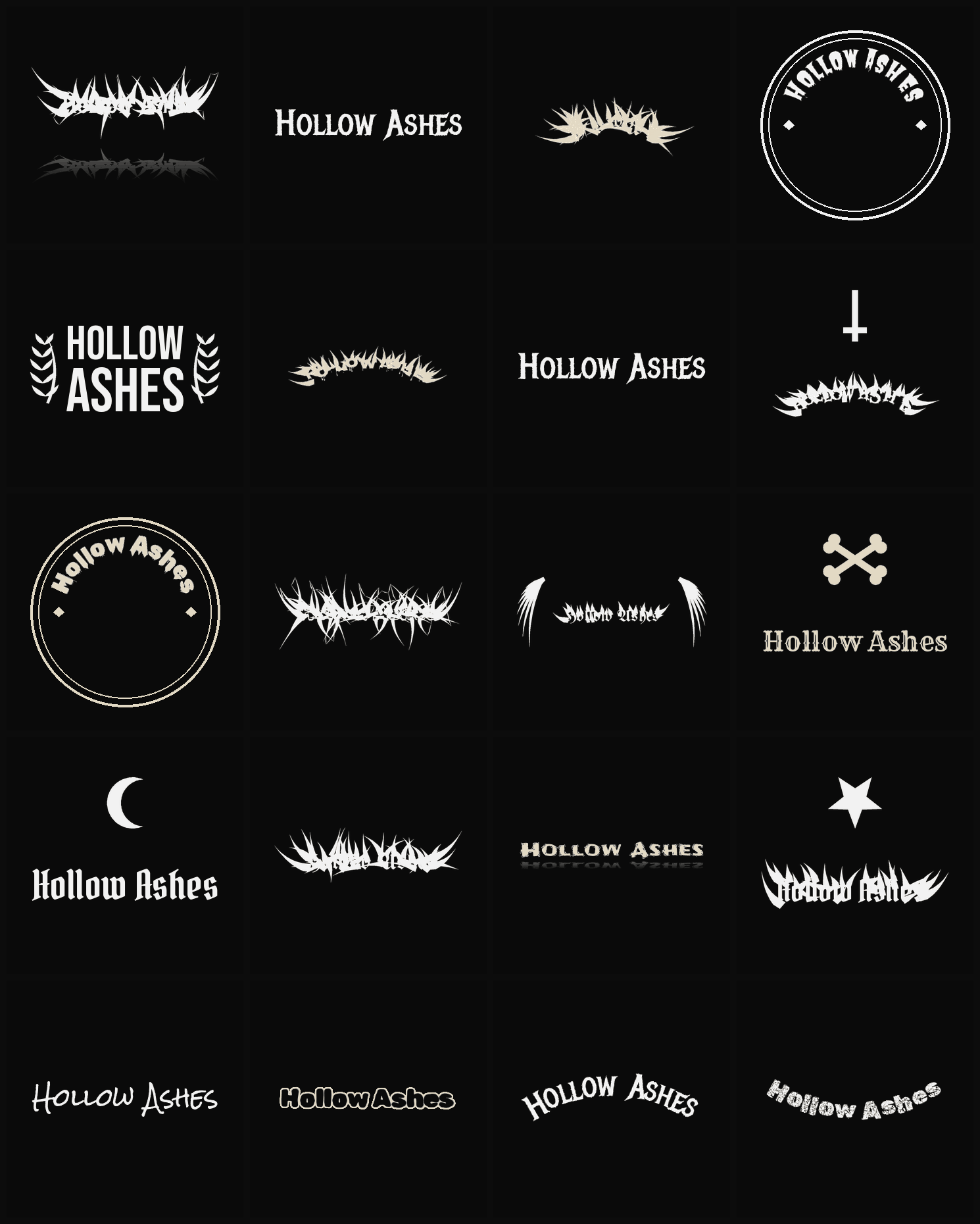 Twenty Hollow Ashes band logo ideas — different faces, treatments and spike settings