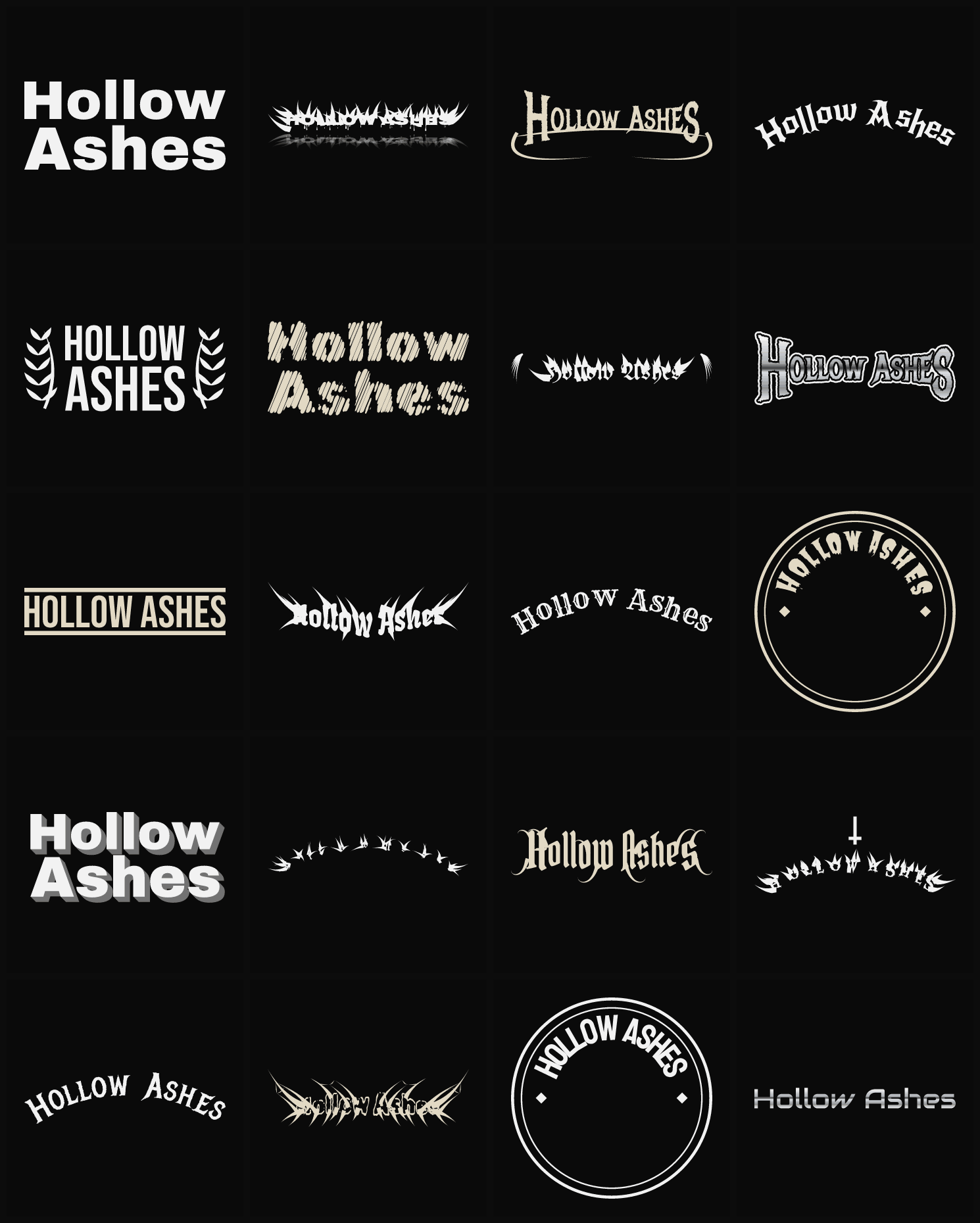 Twenty Hollow Ashes band logo ideas — different faces, treatments and spike settings