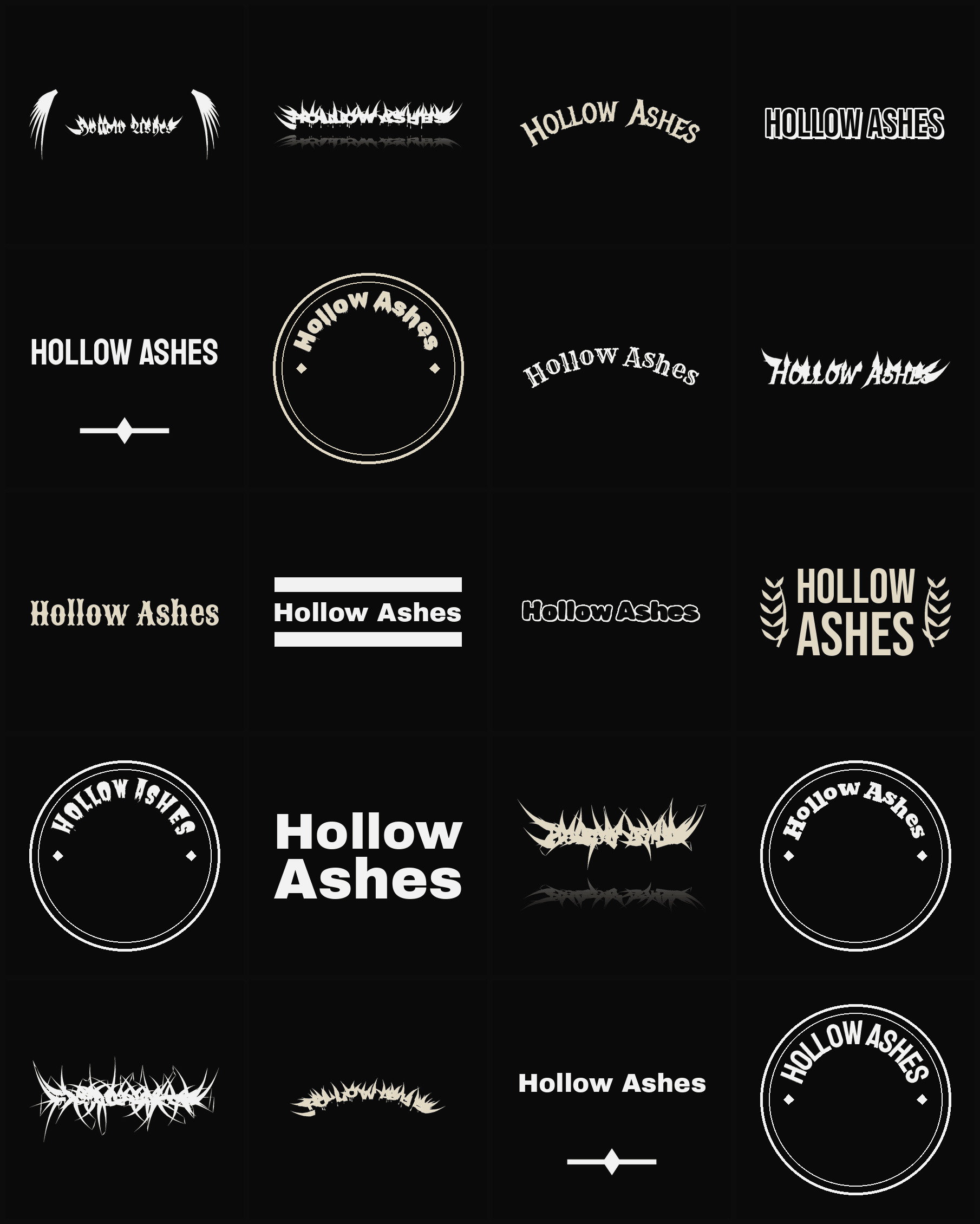Twenty Hollow Ashes band logo ideas — different faces, treatments and spike settings