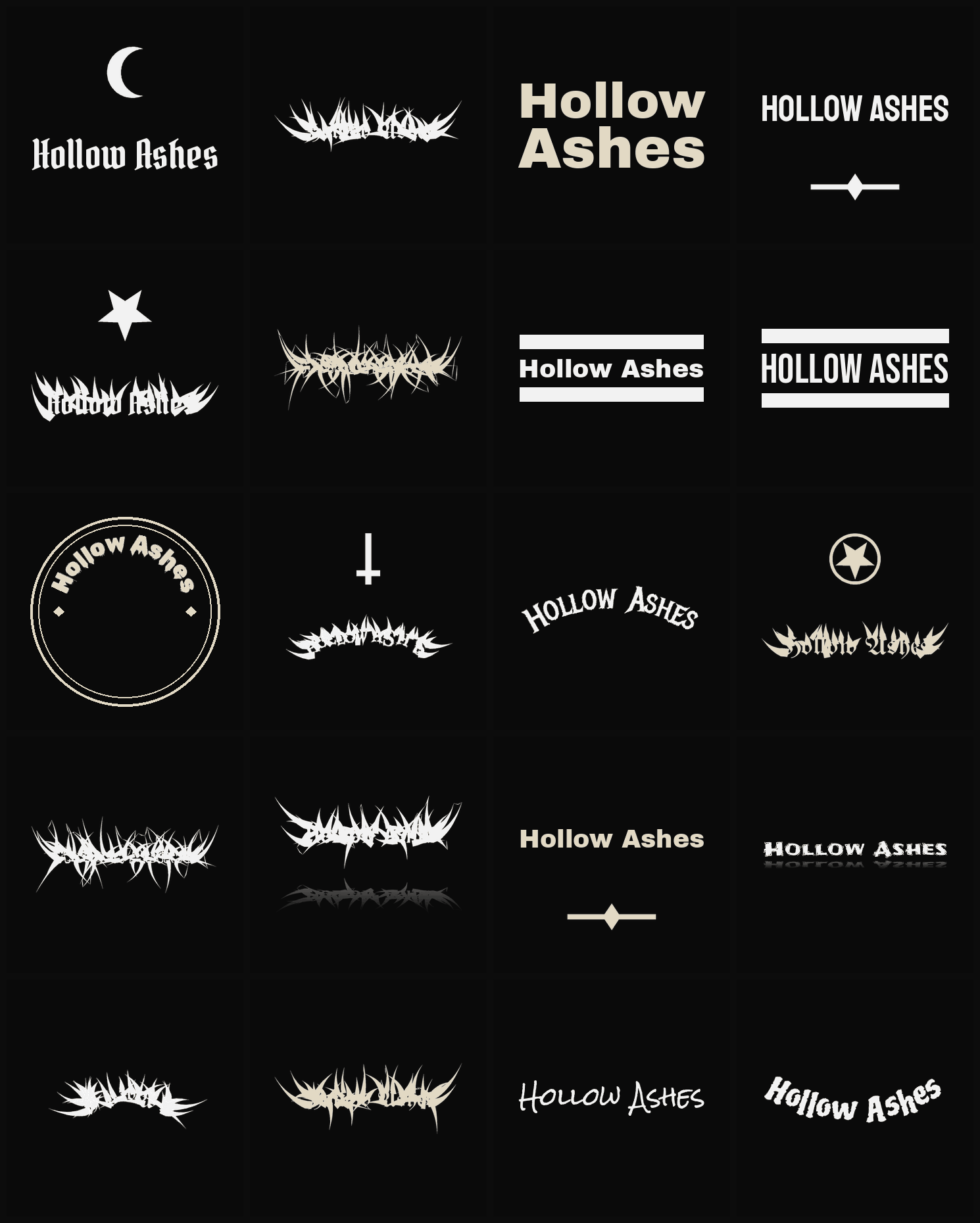 Twenty Hollow Ashes band logo ideas — different faces, treatments and spike settings