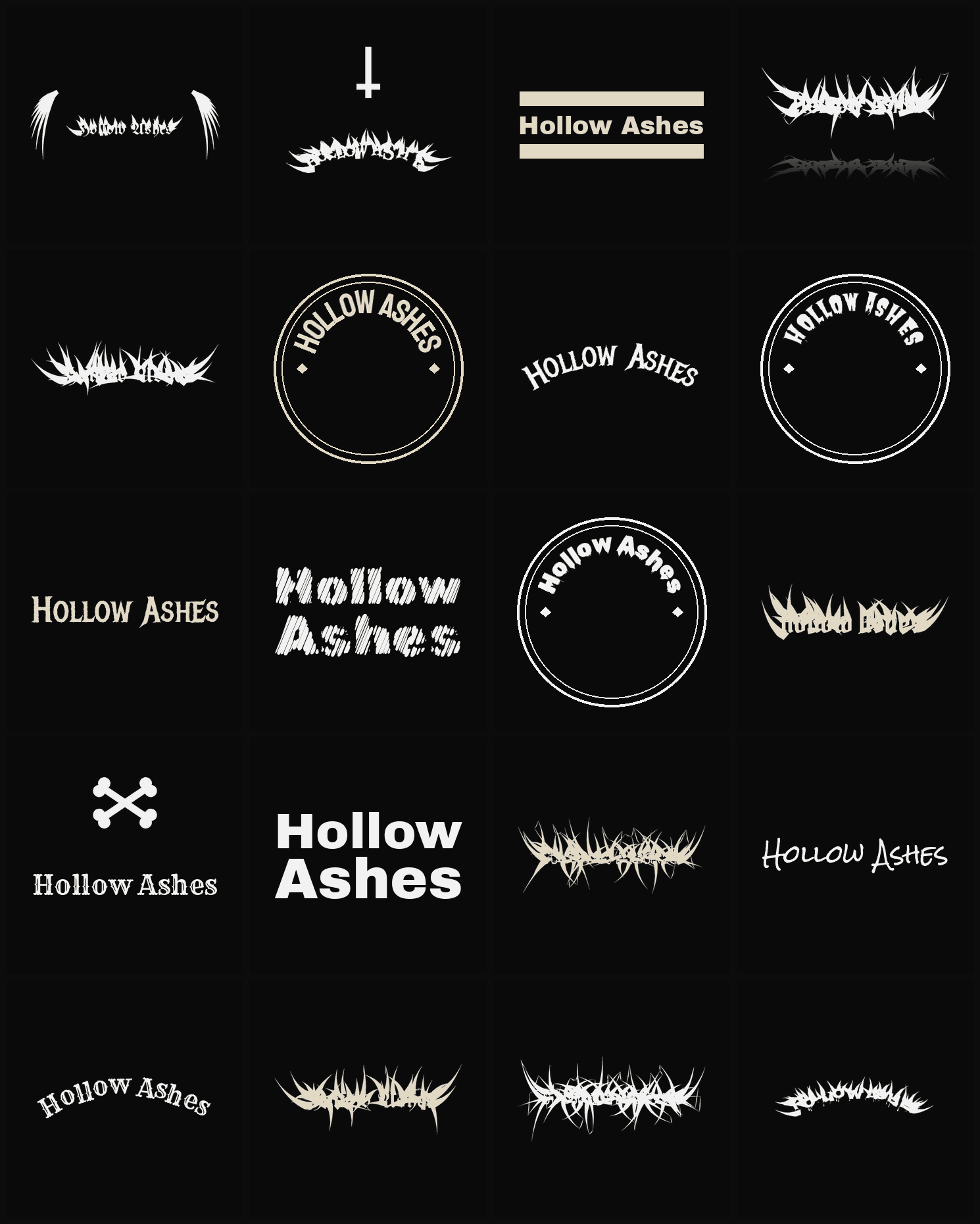 Twenty Hollow Ashes band logo ideas — different faces, treatments and spike settings