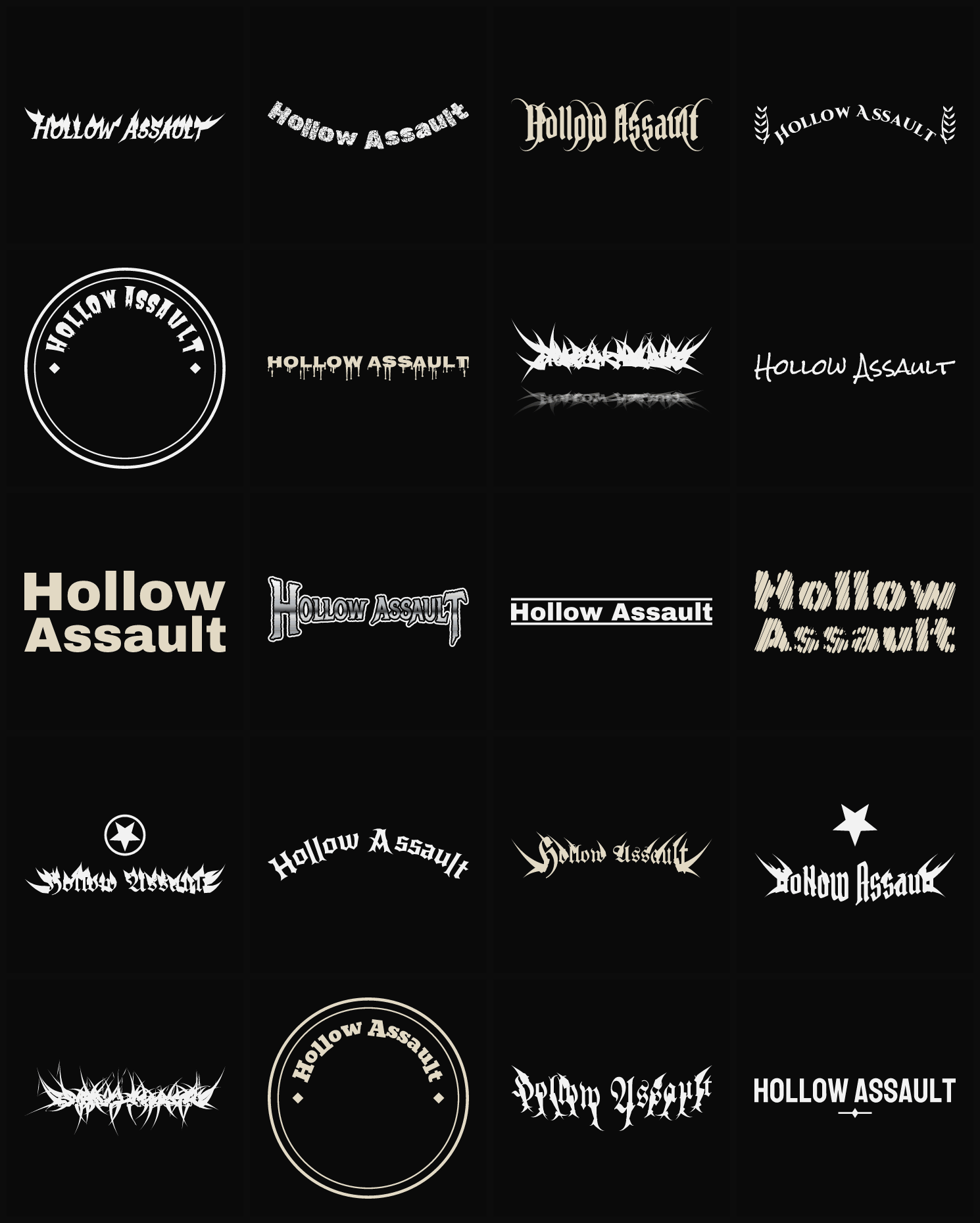 Twenty Hollow Assault band logo ideas — different faces, treatments and spike settings