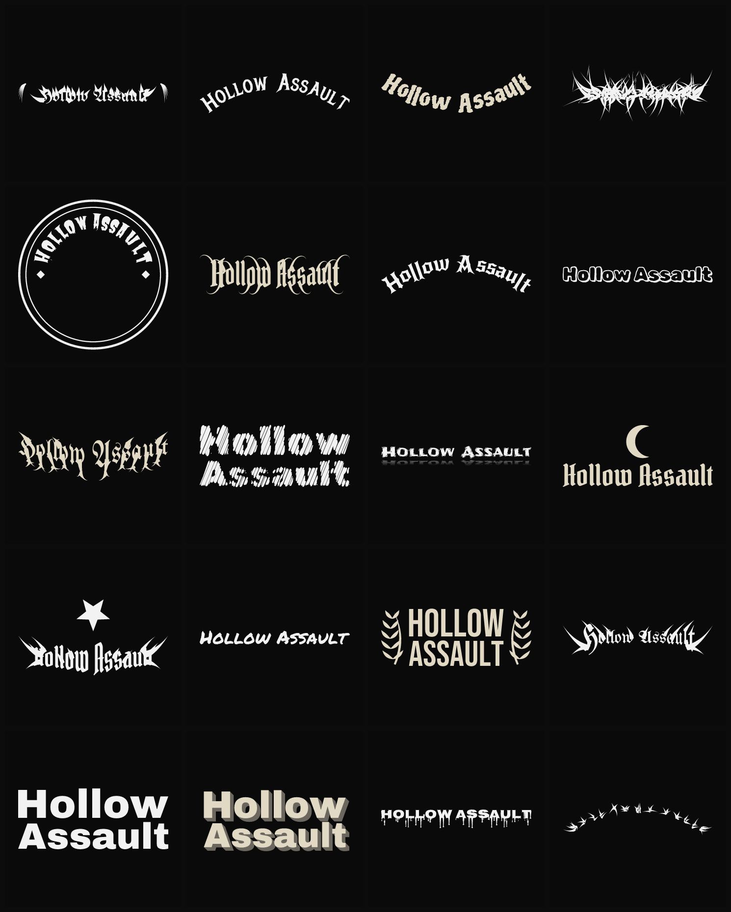 Twenty Hollow Assault band logo ideas — different faces, treatments and spike settings