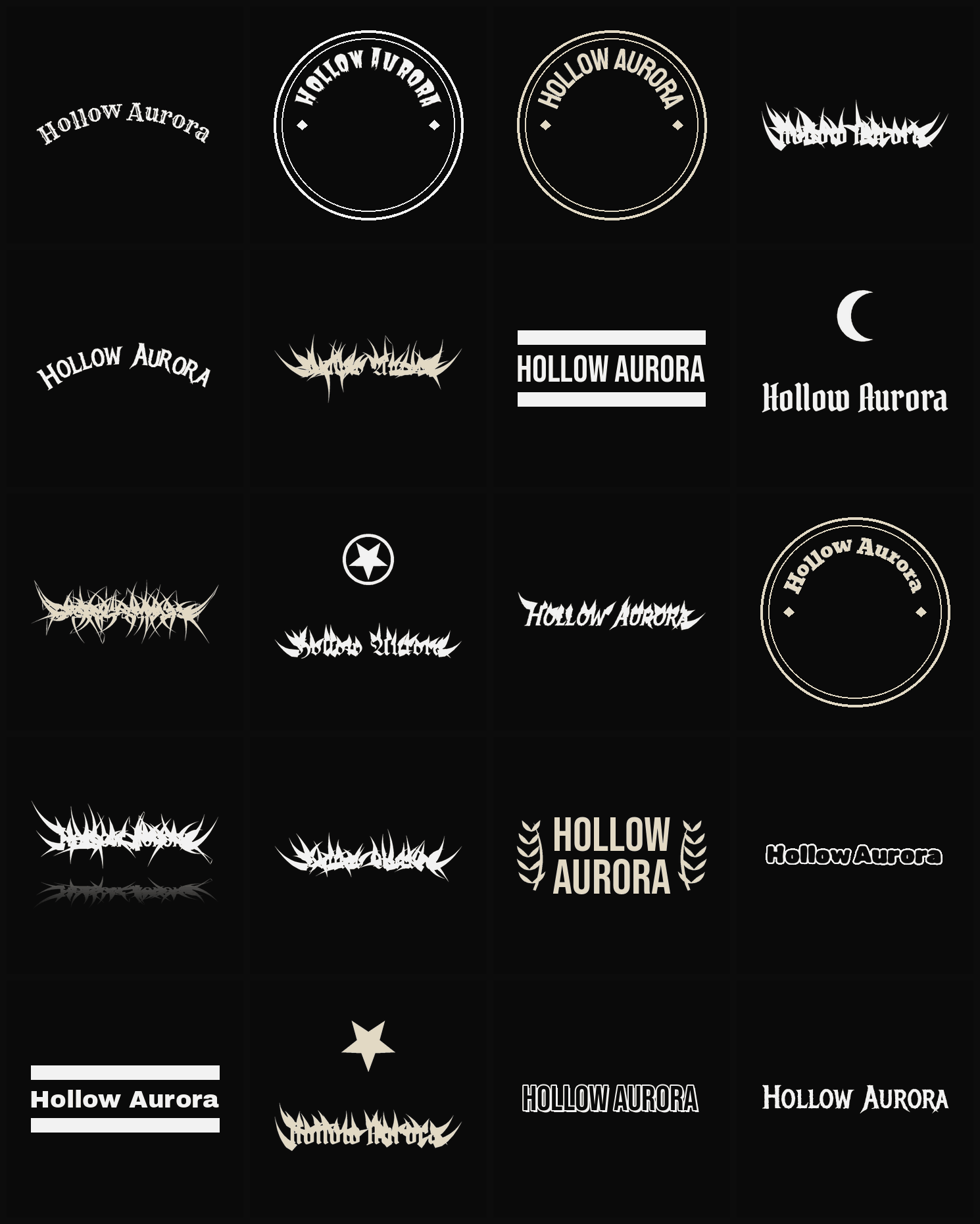 Twenty Hollow Aurora band logo ideas — different faces, treatments and spike settings