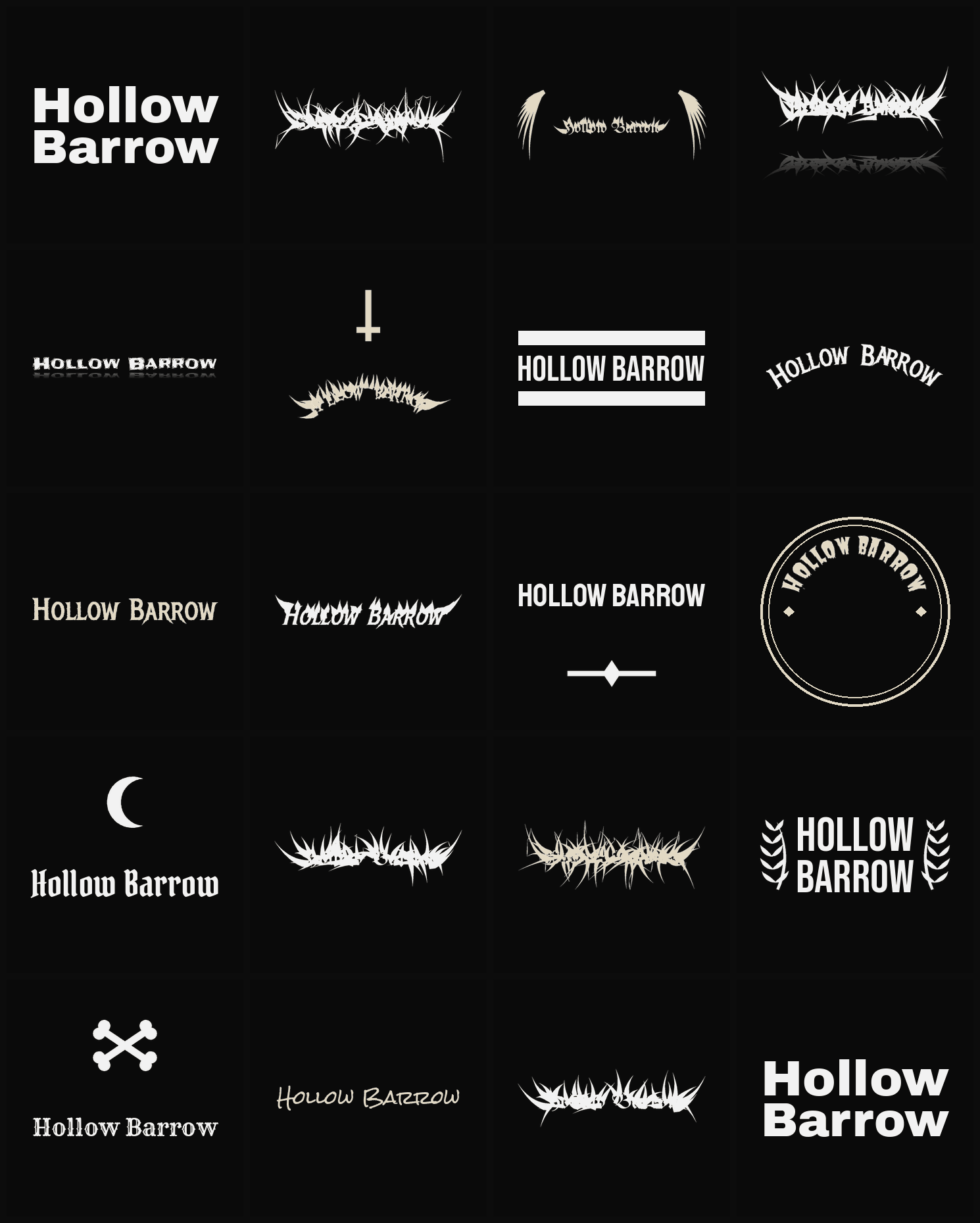 Twenty Hollow Barrow band logo ideas — different faces, treatments and spike settings