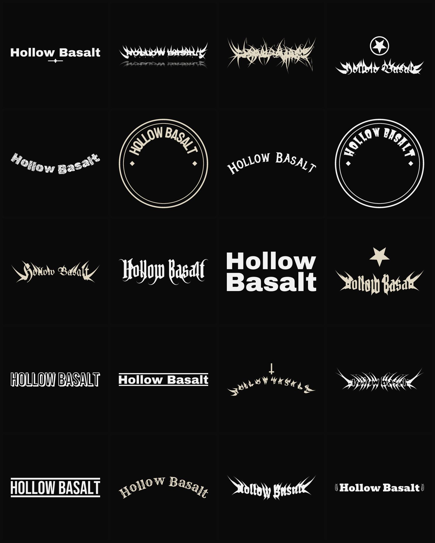 Twenty Hollow Basalt band logo ideas — different faces, treatments and spike settings