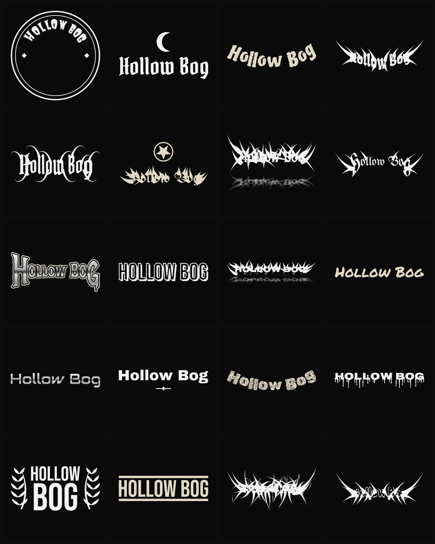 Twenty Hollow Bog band logo ideas — different faces, treatments and spike settings