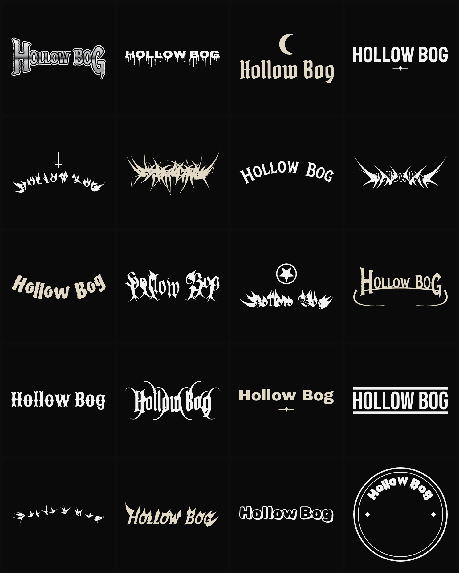 Twenty Hollow Bog band logo ideas — different faces, treatments and spike settings