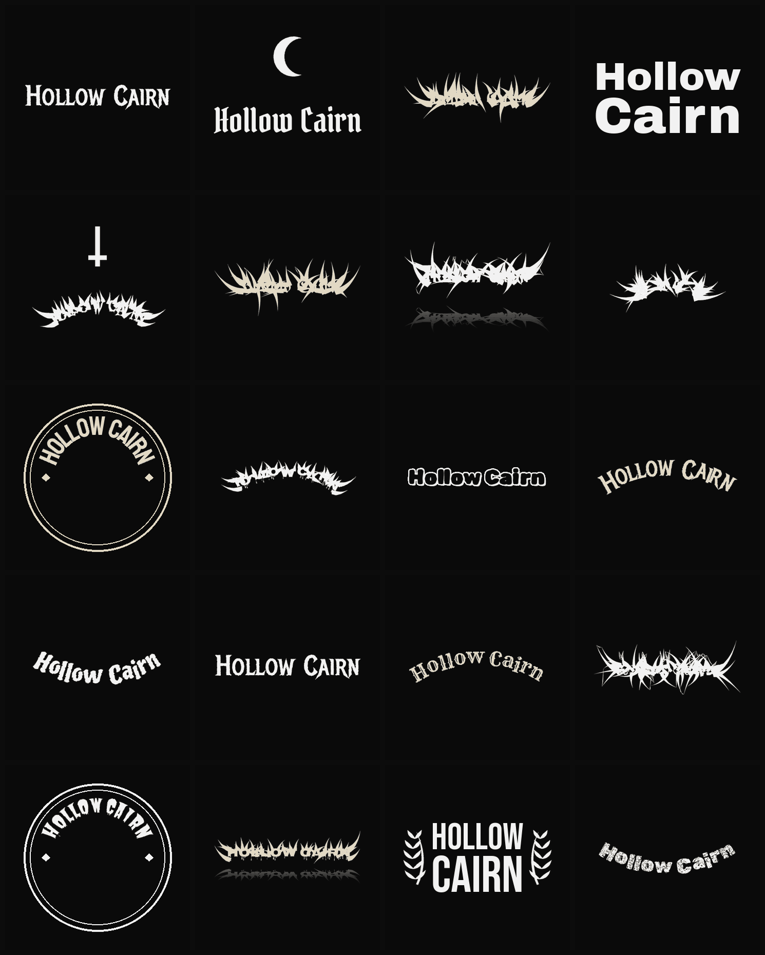 Twenty Hollow Cairn band logo ideas — different faces, treatments and spike settings