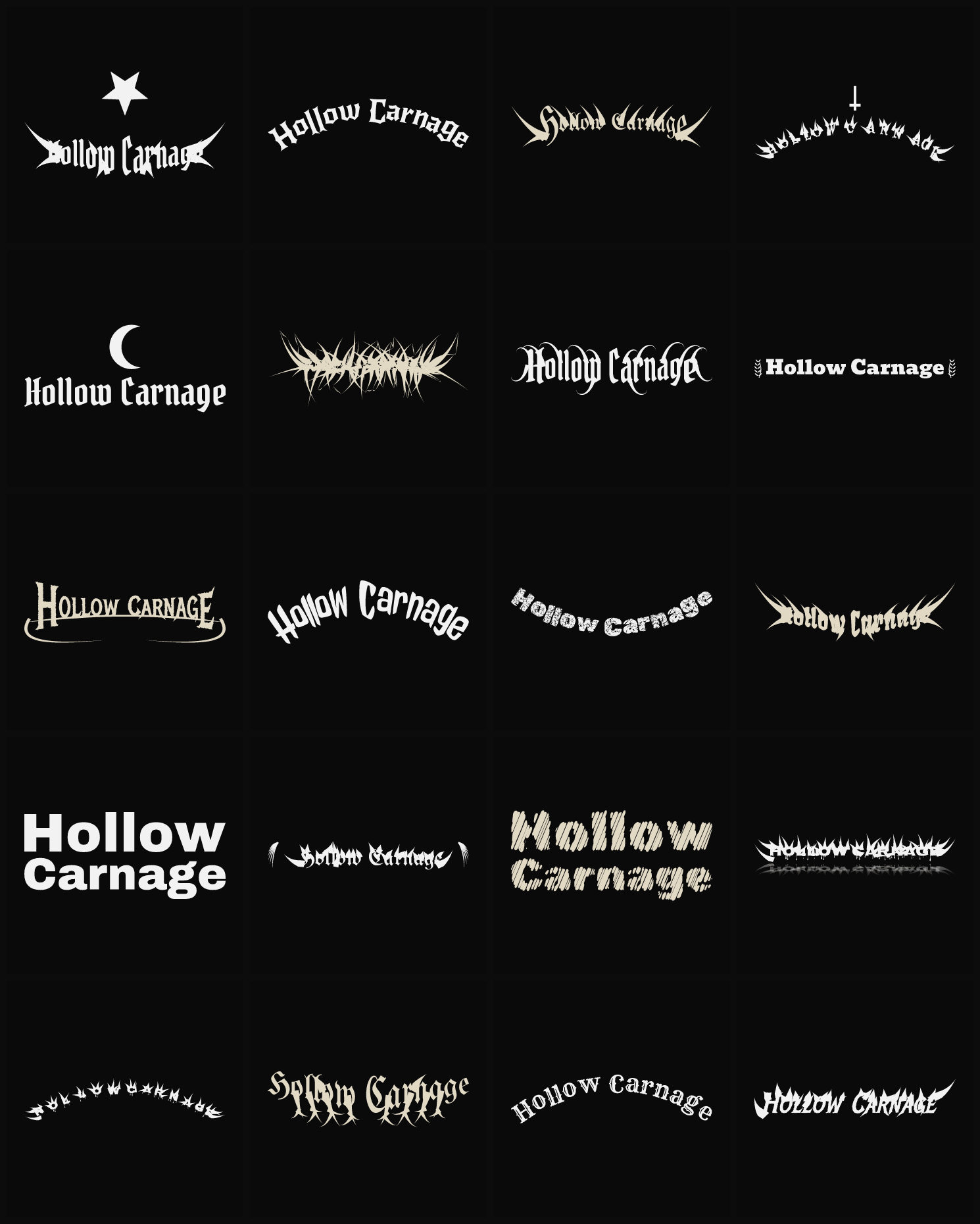 Twenty Hollow Carnage band logo ideas — different faces, treatments and spike settings