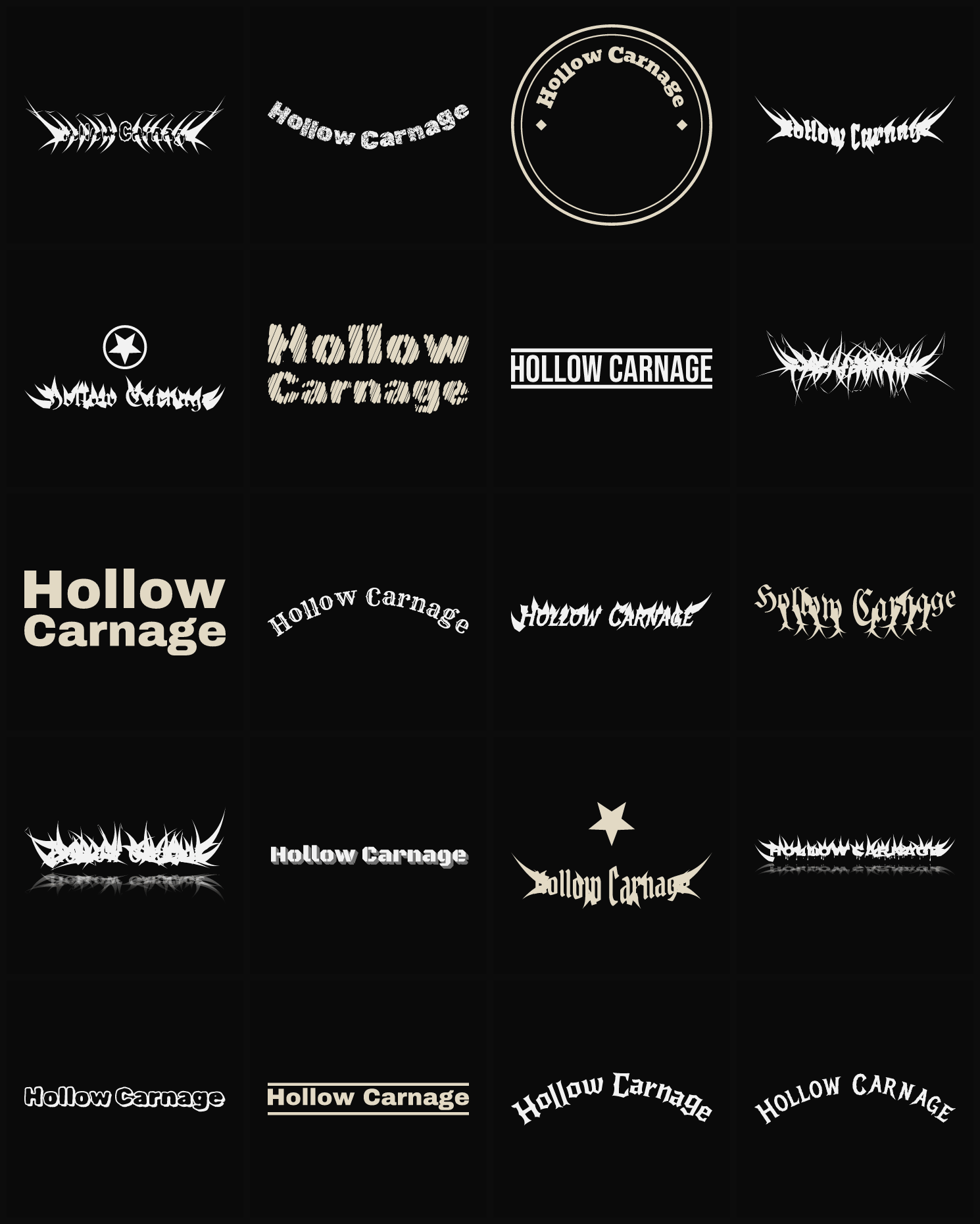 Twenty Hollow Carnage band logo ideas — different faces, treatments and spike settings