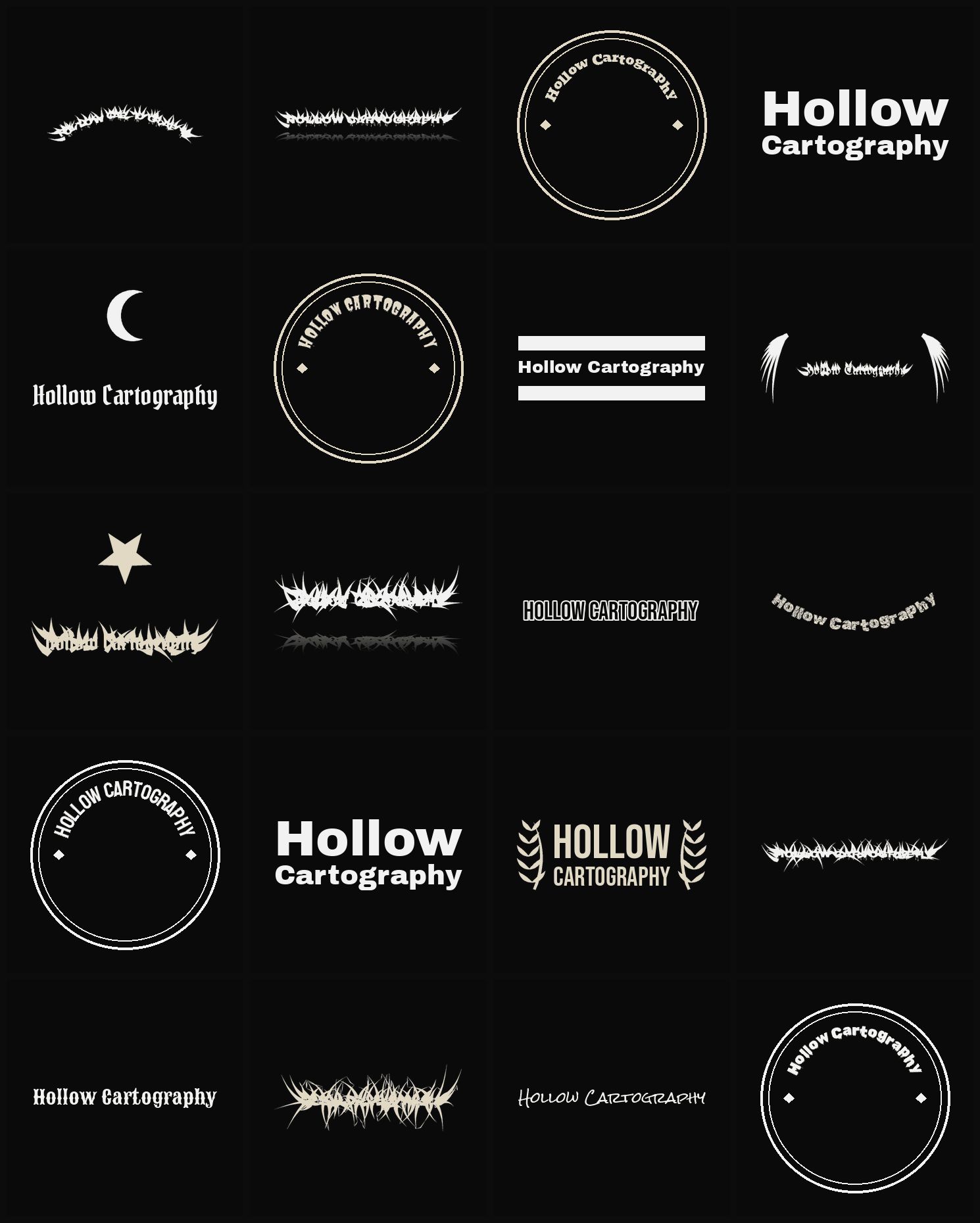 Twenty Hollow Cartography band logo ideas — different faces, treatments and spike settings