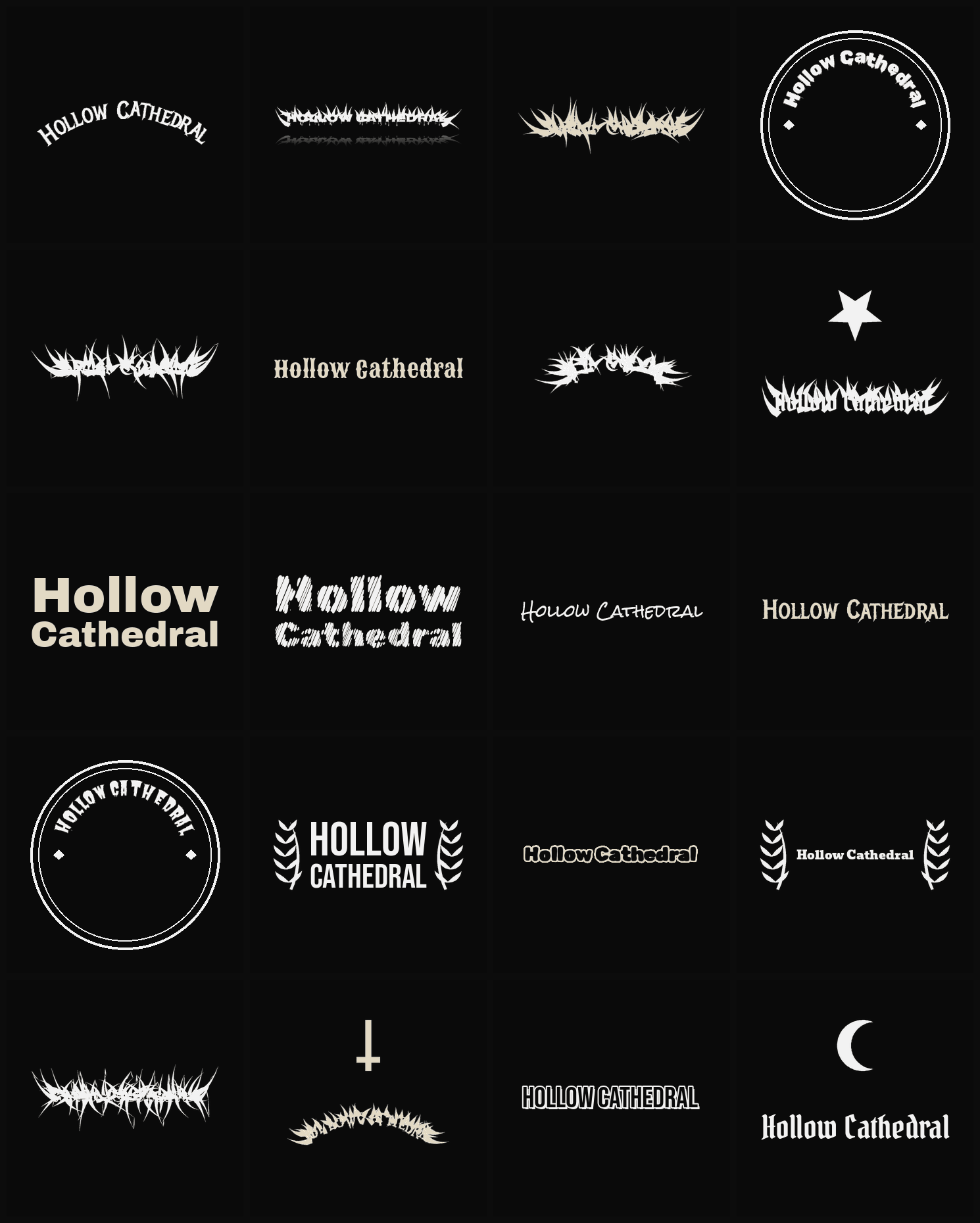 Twenty Hollow Cathedral band logo ideas — different faces, treatments and spike settings