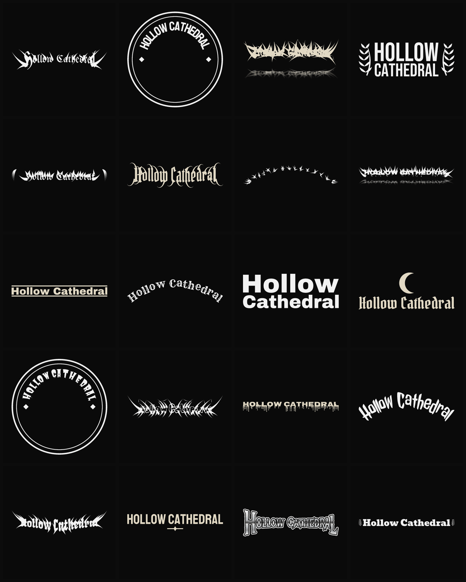 Twenty Hollow Cathedral band logo ideas — different faces, treatments and spike settings