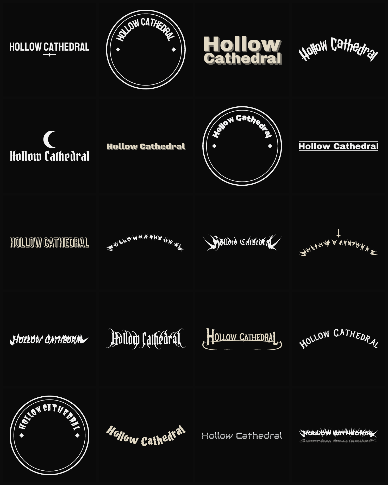 Twenty Hollow Cathedral band logo ideas — different faces, treatments and spike settings