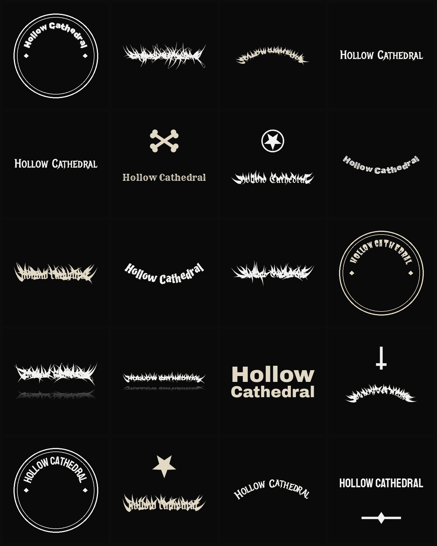 Twenty Hollow Cathedral band logo ideas — different faces, treatments and spike settings